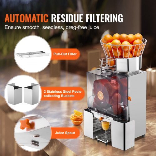 VEVOR Kommerzielle Orangenpresse Automatischer 120-W-Entsafter, Edelstahl- Orangenpresse für 25 Orangen pro Minute, mit PC-Abdeckung 46 x 52 x 90 cm Gewerbliche Zitruspresse Saftpresse Elektrisch