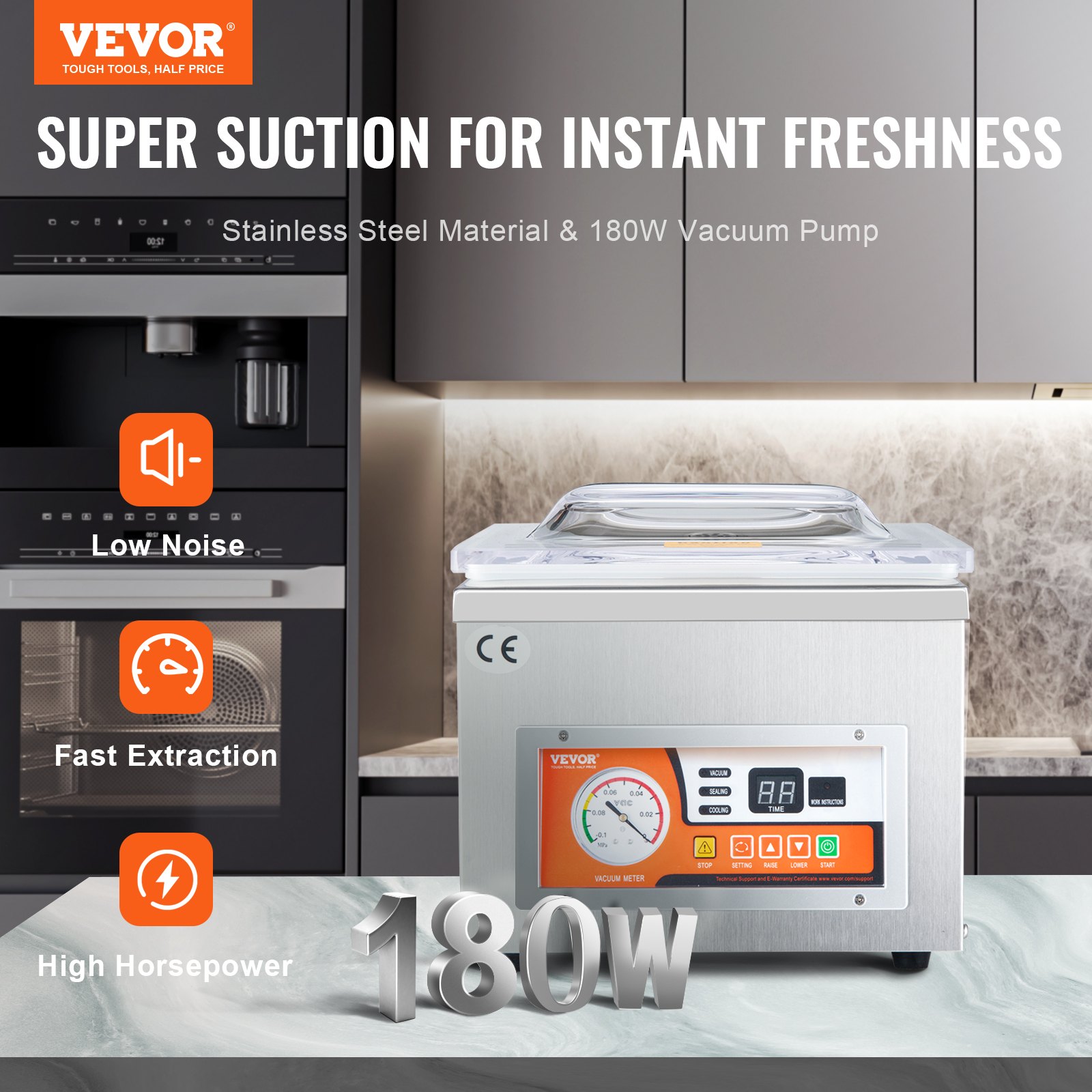 VEVOR Vacuum Sealer DZ-260A Compact Professional Chamber Vacuum Sealer 180W Motor Chamber Vacuum Sealer 6.5 m³/h Vacuum Sealer 33x25cm Seal Size Suitable for Households Supermarkets Food Factories