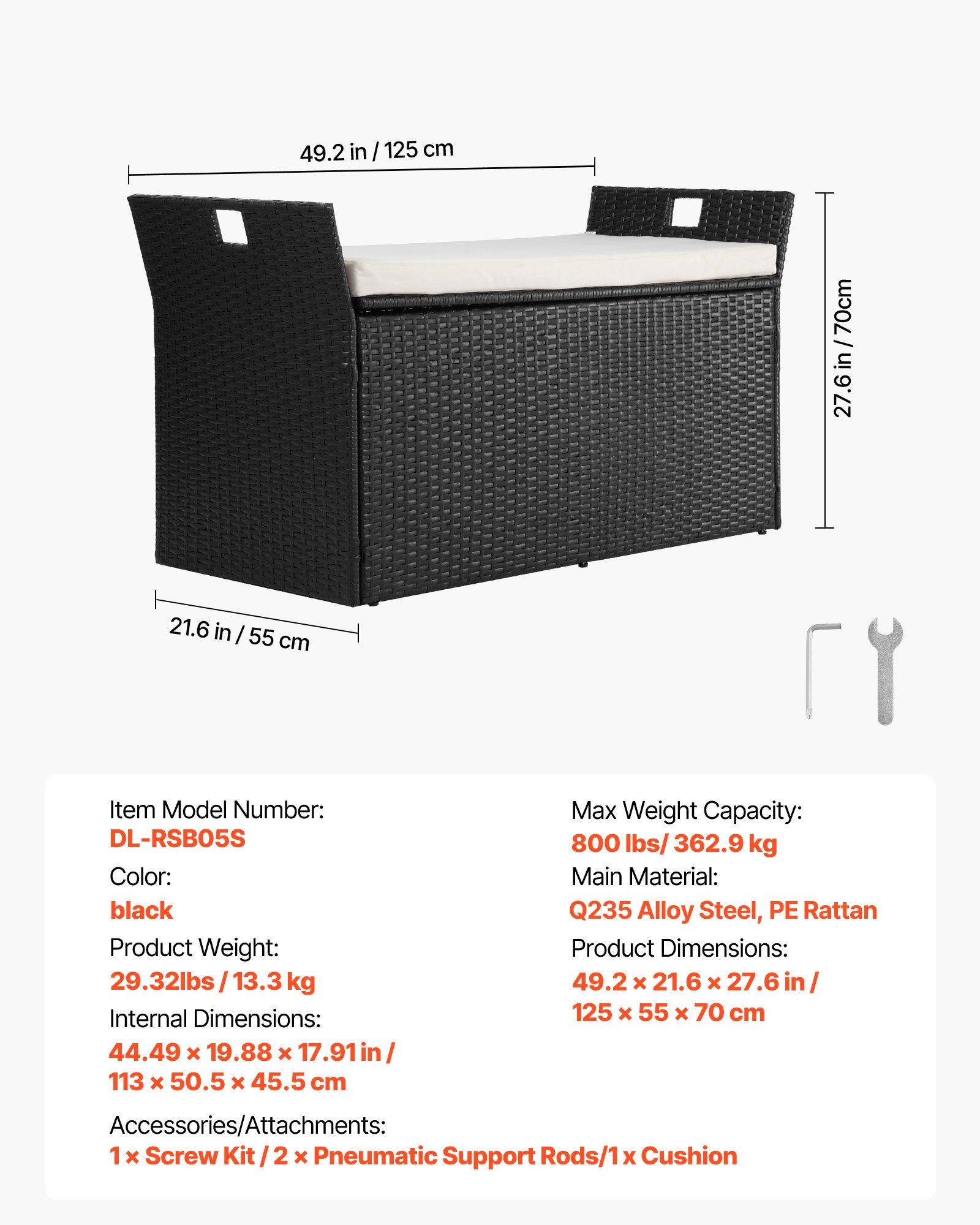 VEVOR Gartenbank mit Stauraum, PE-Rattan-Sitztruhe, Truhenbank mit Kissen & seitlichen Griffen, trägt bis zu 360 kg, Gartensitzgelegenheit & Veranda-Dekor für Terrasse, Garten, Balkon, 125x55x70cm