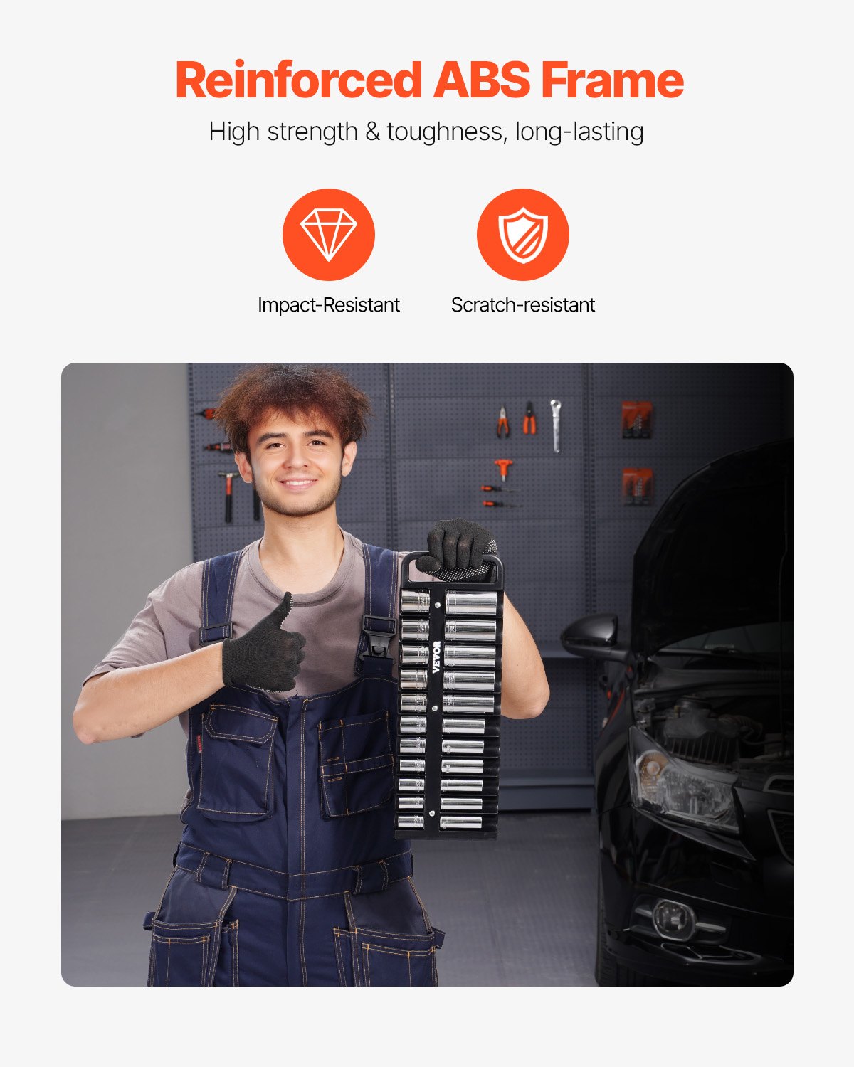 VEVOR Steckschlüssel-Organizer-Set, 3-teiliges metrisches und SAE-Steckschlüssel-Organizer-Set, 1/4 Zoll, 3/8 Zoll & 1/2 Zoll Steckschlüsselhalter mit Griff und Magnetfuß, für bis zu 76 Steckschlüssel