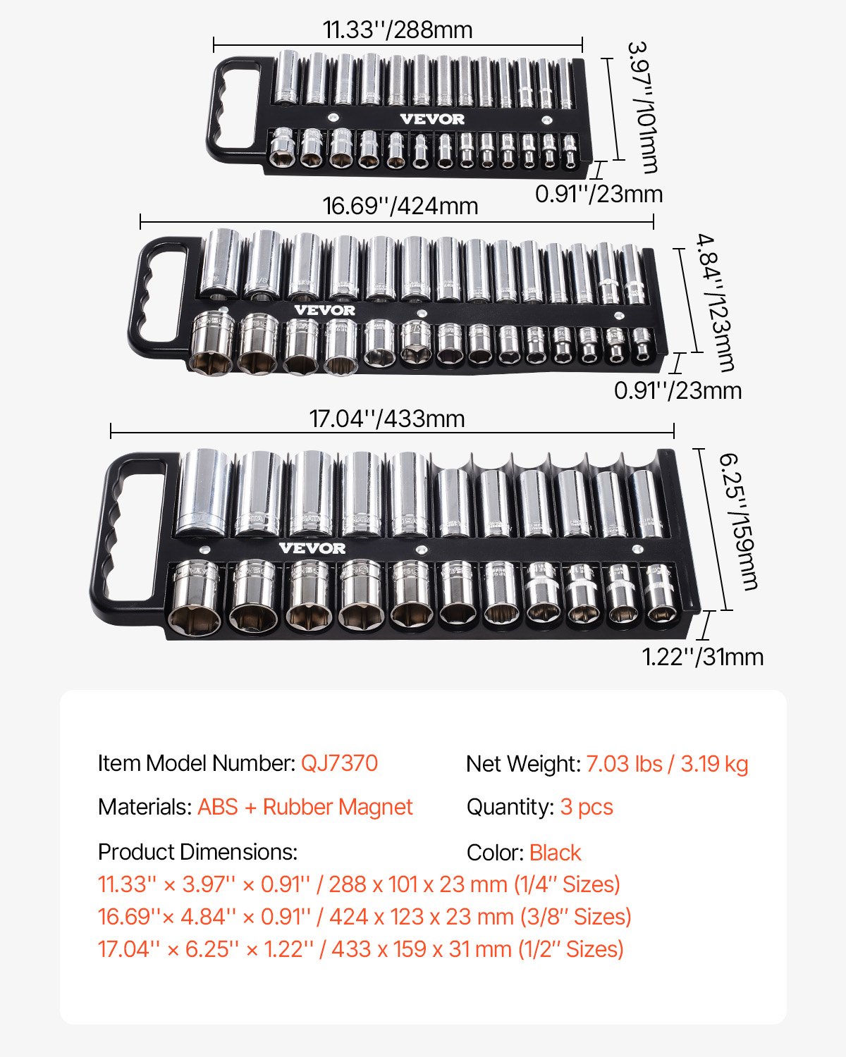 VEVOR Steckschlüssel-Organizer-Set, 3-teiliges metrisches und SAE-Steckschlüssel-Organizer-Set, 1/4 Zoll, 3/8 Zoll & 1/2 Zoll Steckschlüsselhalter mit Griff und Magnetfuß, für bis zu 76 Steckschlüssel