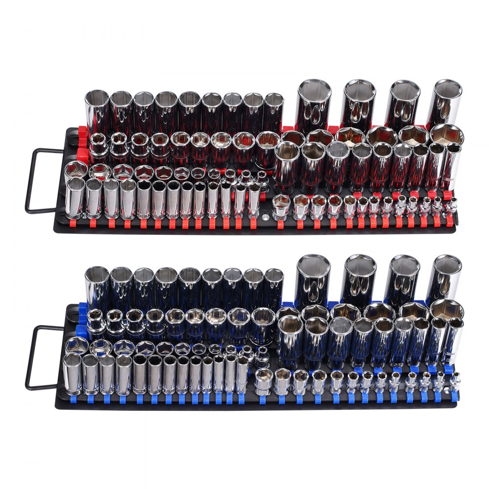 VEVOR 2-teiliges metrisches und SAE-Steckschlüssel-Organizer-Set für bis zu 160 Stecknüsse, 1/4 Zoll, 3/8 Zoll & 1/2 Zoll Steckschlüsselschiene mit Griff & Stahlsockel für Werkzeugkastenschublade