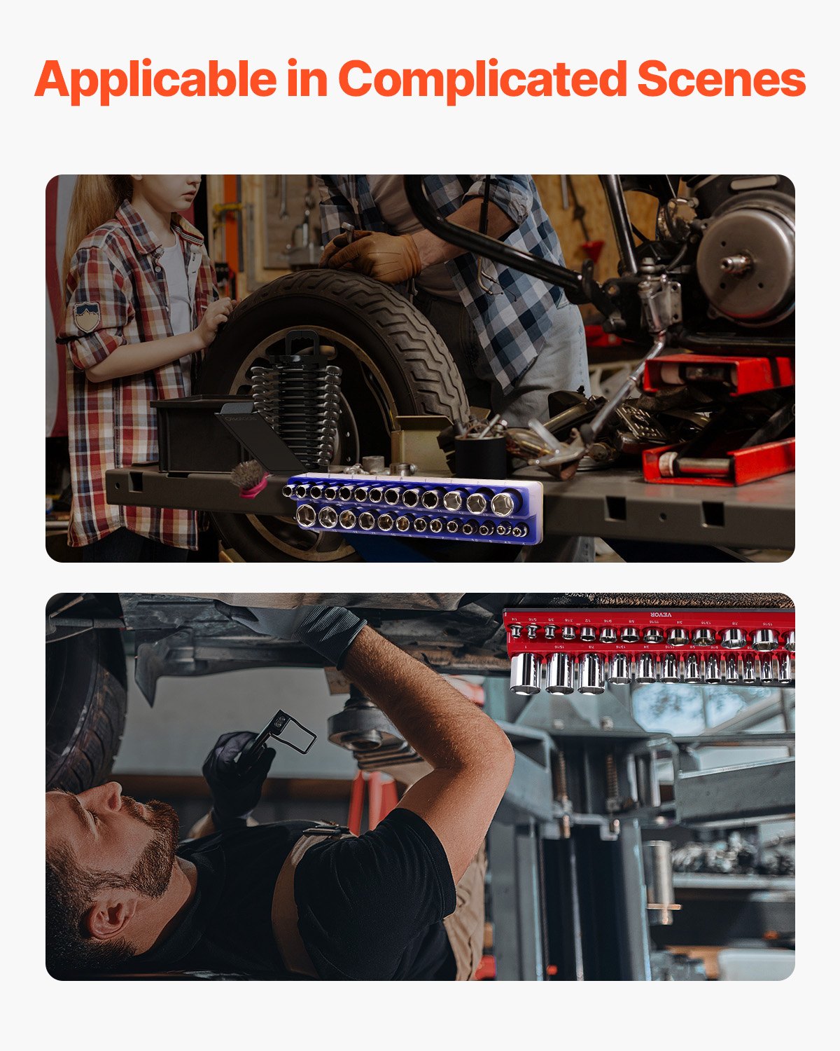 VEVOR Steckschlüssel-Organizer-Set, 8-teilig, 1/4 Zoll, 3/8 Zoll & 1/2 Zoll SAE-Steckschlüsselablagen, für bis zu 199 Standard- & tiefe Steckschlüssel (Steckschlüssel nicht im Lieferumfang enthalten)