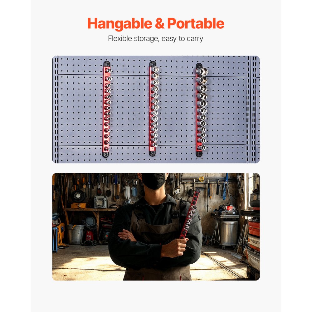 VEVOR Steckschlüssel-Organizer, 3-teilig, metrische und SAE-Halterschiene aus Alu, 1/4, 3/8 & 1/2 Zoll, Stecknuss Organizer mit 360° drehbaren Clips für Werkzeugkästen, für bis zu 40 Steckschlüssel