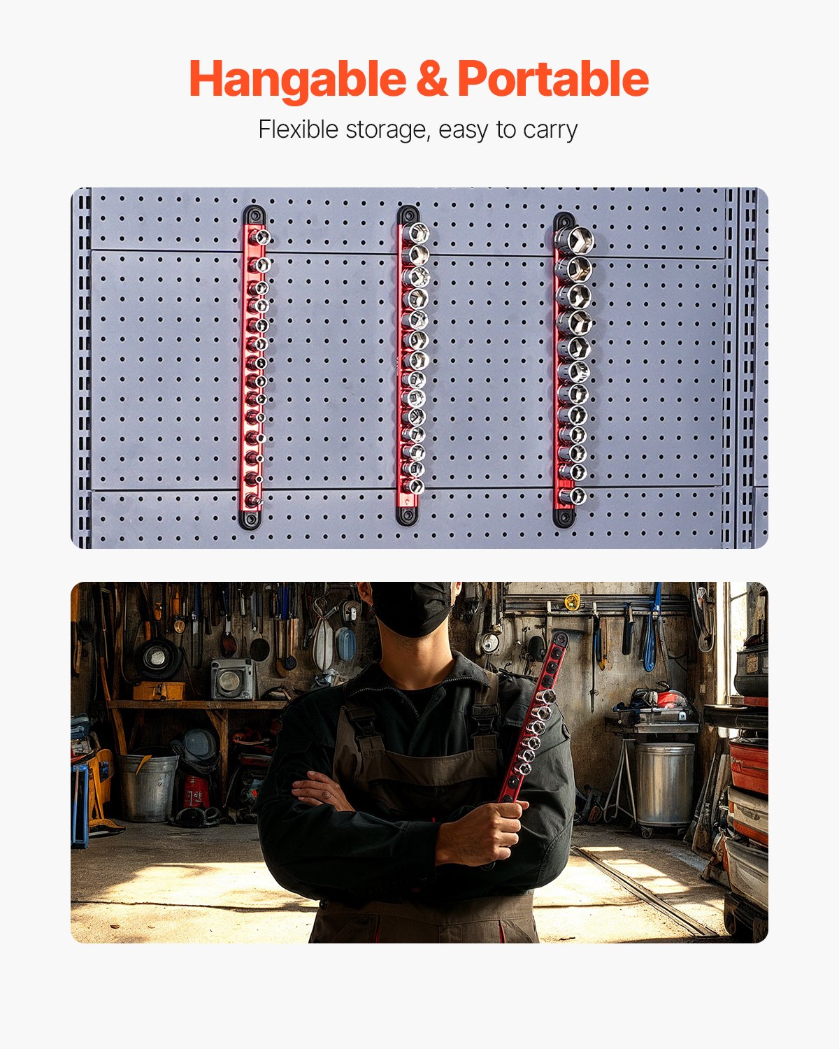 VEVOR Steckschlüssel-Organizer, 3-teilig, metrische und SAE-Halterschiene aus Alu, 1/4, 3/8 & 1/2 Zoll, Stecknuss Organizer mit 360° drehbaren Clips für Werkzeugkästen, für bis zu 40 Steckschlüssel