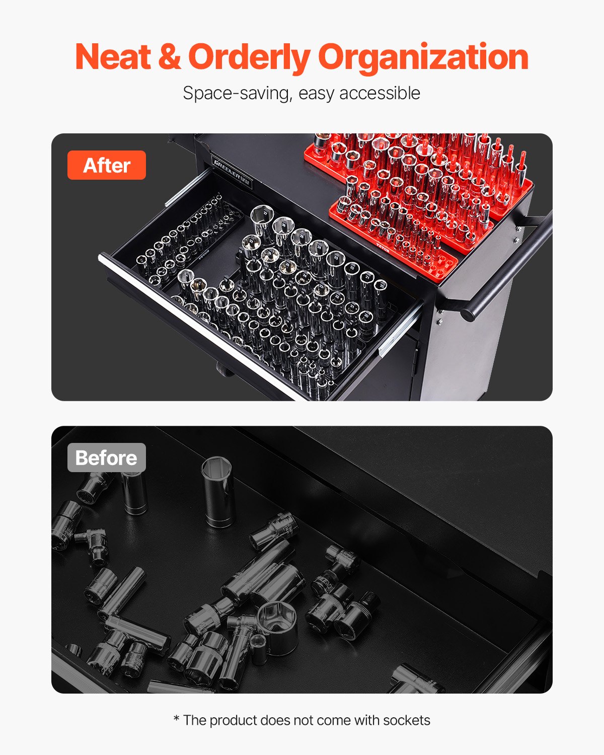 VEVOR Socket Wrench Organizer Set, 8-piece, 1/4", 3/8" & 1/2" metric SAE mounting rail, for up to 176 standard & deep sockets (sockets not included)