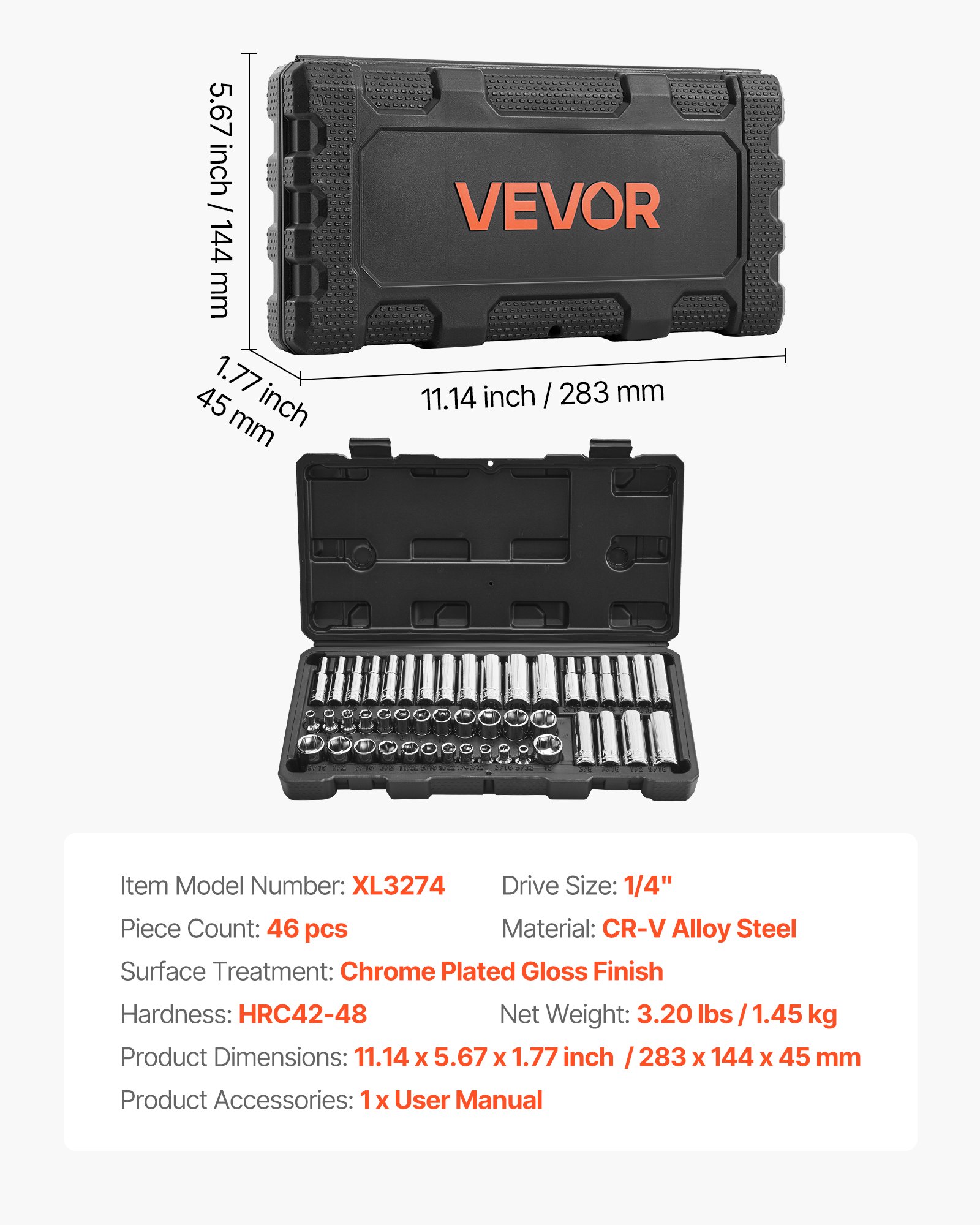 VEVOR Socket Set, 46 Pieces, 6.4 mm Drive Socket Tool Set, SAE and Metric Size, Deep and Standard, Mechanic Tool Kit with Storage Case, Chrome Plated CR-V Alloy Steel, for Automotive Repair