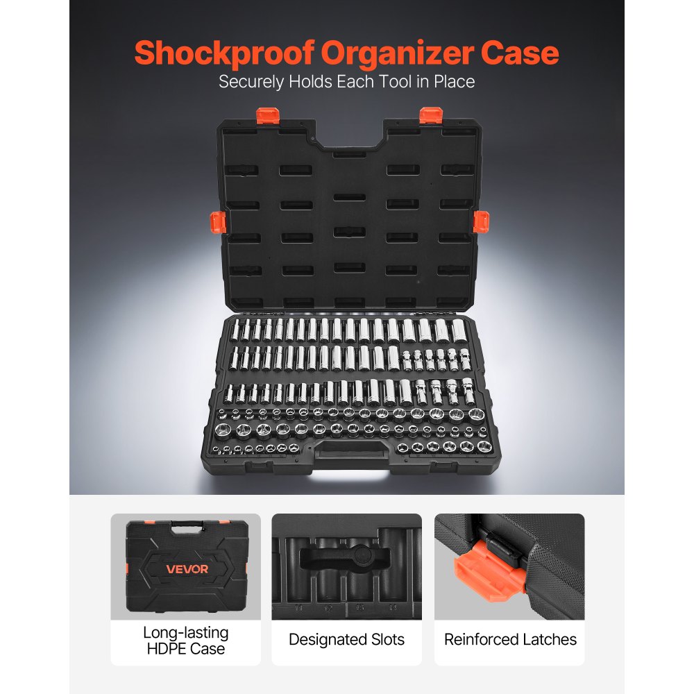 VEVOR Socket Set, 104 Pieces, 9.5 mm Drive Socket Tool Set, Metric Size from 6 to 24 mm, Deep and Standard, Mechanic Tool Kit with Storage Case, Chrome Plated CR-V Alloy Steel, for Automotive Repair