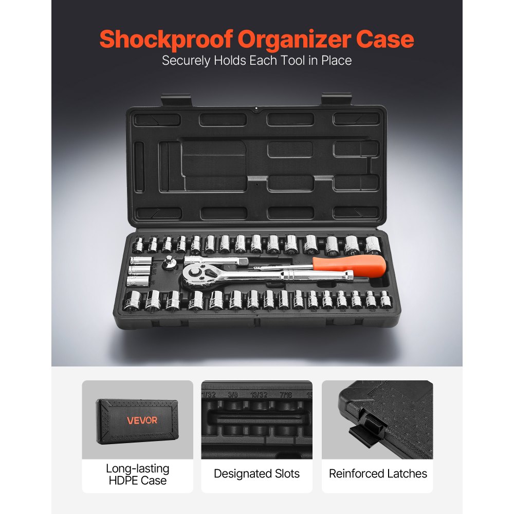 VEVOR Socket Set, 39 Pieces, 9.5 & 6.4 mm Drive Socket and Ratchet Set, SAE and Metric Size, Mechanic Tool Kit with Ratchet Wrench, Accessories, Storage Case, CR-V Alloy Steel, for Automotive Repair