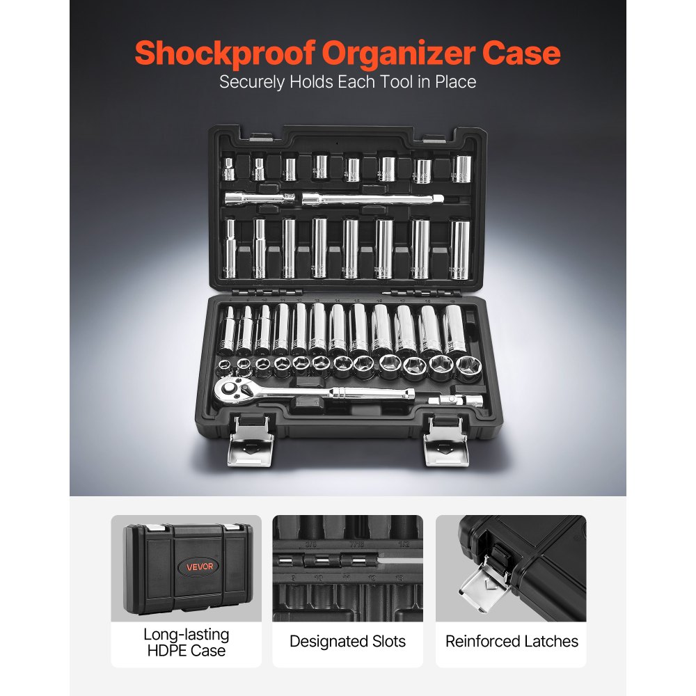 VEVOR Socket Set, 44 Pieces, 9.5 mm Drive Socket and Ratchet Set, SAE and Metric, Deep and Shallow, Mechanic Tool Kit with Accessories and Storage Case, CR-V Alloy Steel, for Automotive Repair