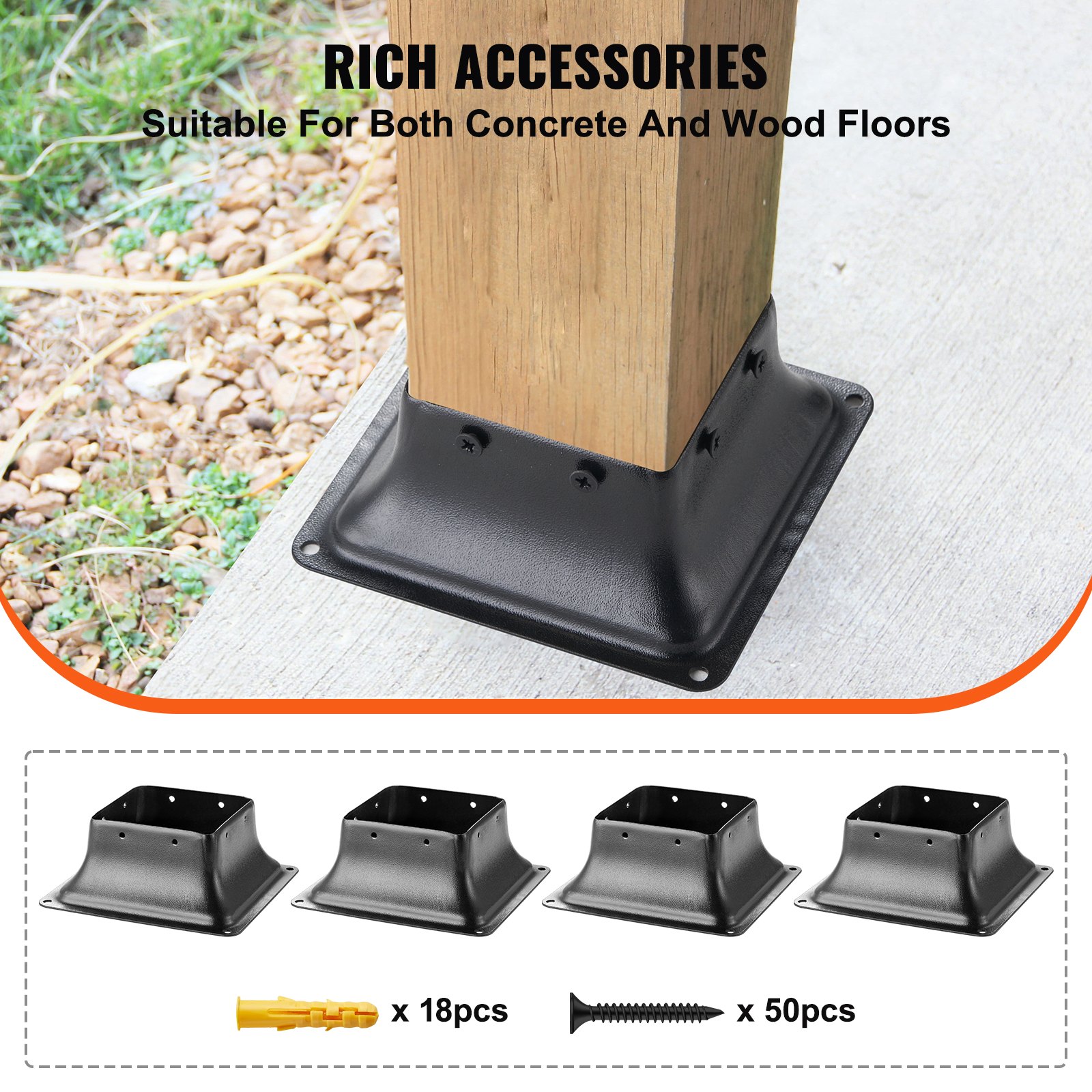 VEVOR 4-piece set of screw-on post anchors, 153 x 153 x 62 mm, carbon steel post shoe, post base, ground sleeve, support foot. Ideal for veranda railings, pergolas and columns.