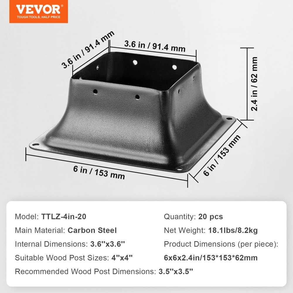 VEVOR 20-piece set of screw-on post anchors, 153 x 153 x 62 mm, carbon steel post shoe, post base, ground sleeve, support foot. Ideal for veranda railings, pergolas and columns.