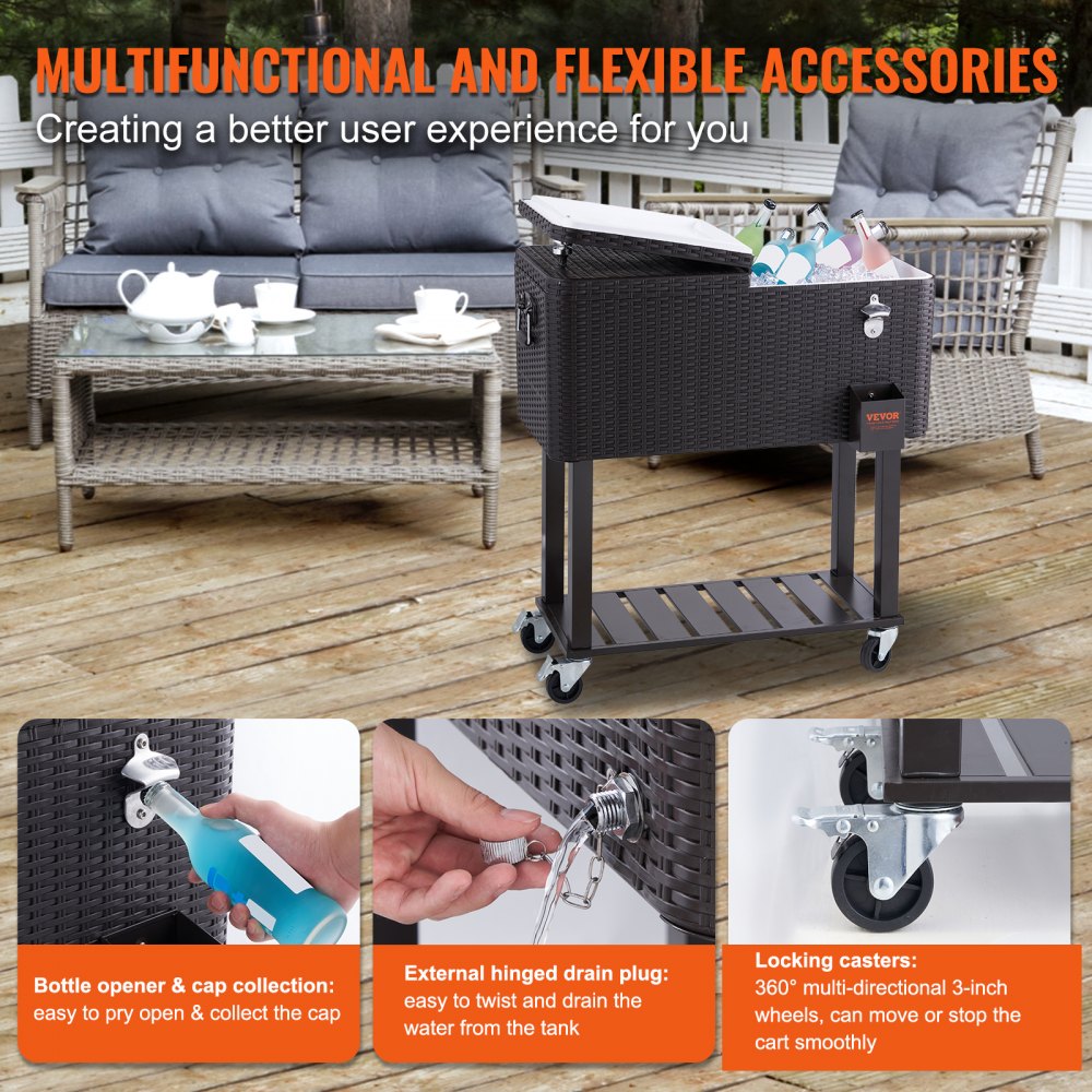VEVOR Servierwagen Kühlwagen 80 QT, Beistellwagen Getränkewagen 820 x 470 x 880 mm, Getränkekühler Rattan-Getränkekühlwagen Braune Eisbox Eiswagen Party Kühler Partywagen mit Trennblatt Beistellwagen