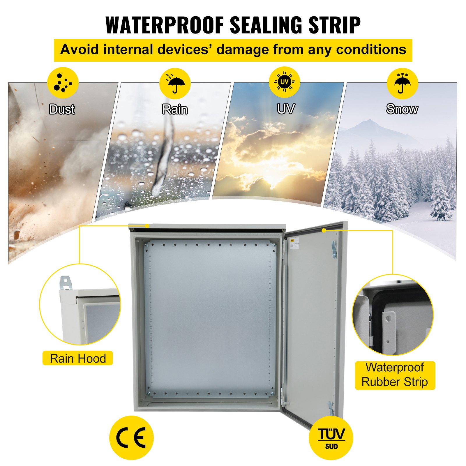 VEVOR Schaltkasten 60x60x30cm NEMA 4-Außengehäuse IP65 wasserdichter und staubdichter Anschlusskasten aus kaltgewalztem Kohlenstoffstahl mit Scharnier für den Außen- und Innenbereich mit Regenschutz