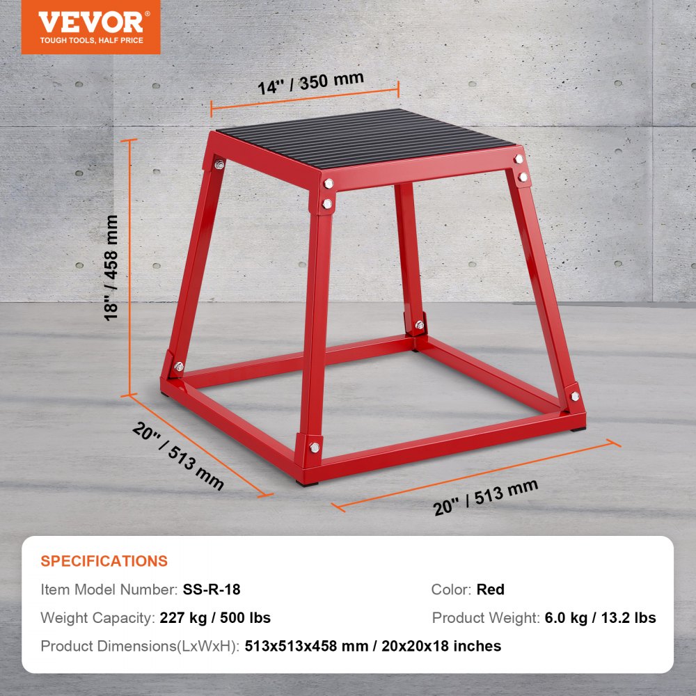 VEVOR Plyometrische Sprungbox, 458 mm Plyo-Box, Plyometrische Plattform Plyobox Rot, Rutschfeste Fitness-Übungs-Step-Up-Box für Heimtraining, Konditions-Krafttraining, Gesäß, Oberschenkel Trainieren