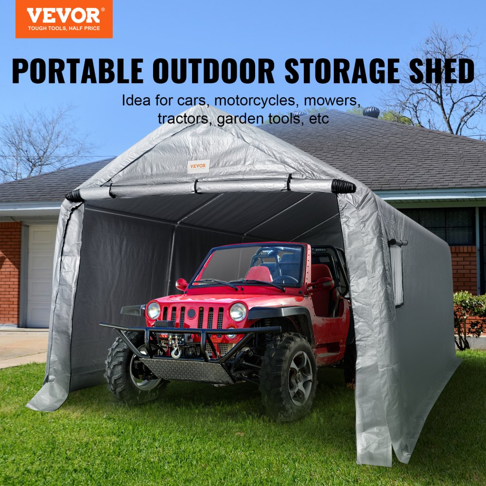 VEVOR Zeltgarage 304,8 x 457,2 x 243,8 cm Garagenzelt aus verzinkten Stahlstangen und einer dreischichtigen 240G-PE-Abdeckung Lagerzelt Carport 250 x 218 x 190 cm Zelttürgröße Gerätezelt Grau