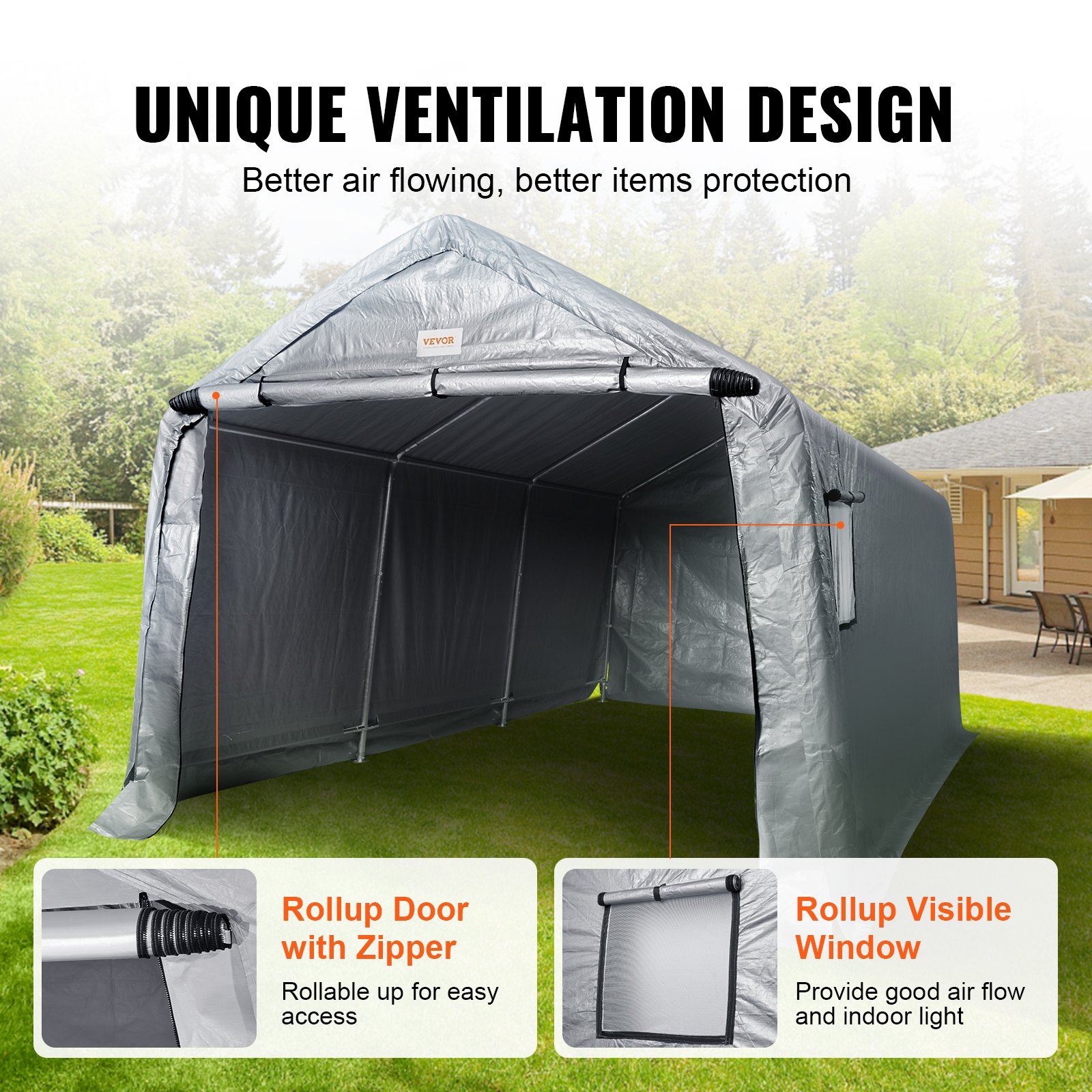 VEVOR Zeltgarage 304,8 x 457,2 x 243,8 cm Garagenzelt aus verzinkten Stahlstangen und einer dreischichtigen 240G-PE-Abdeckung Lagerzelt Carport 250 x 218 x 190 cm Zelttürgröße Gerätezelt Grau