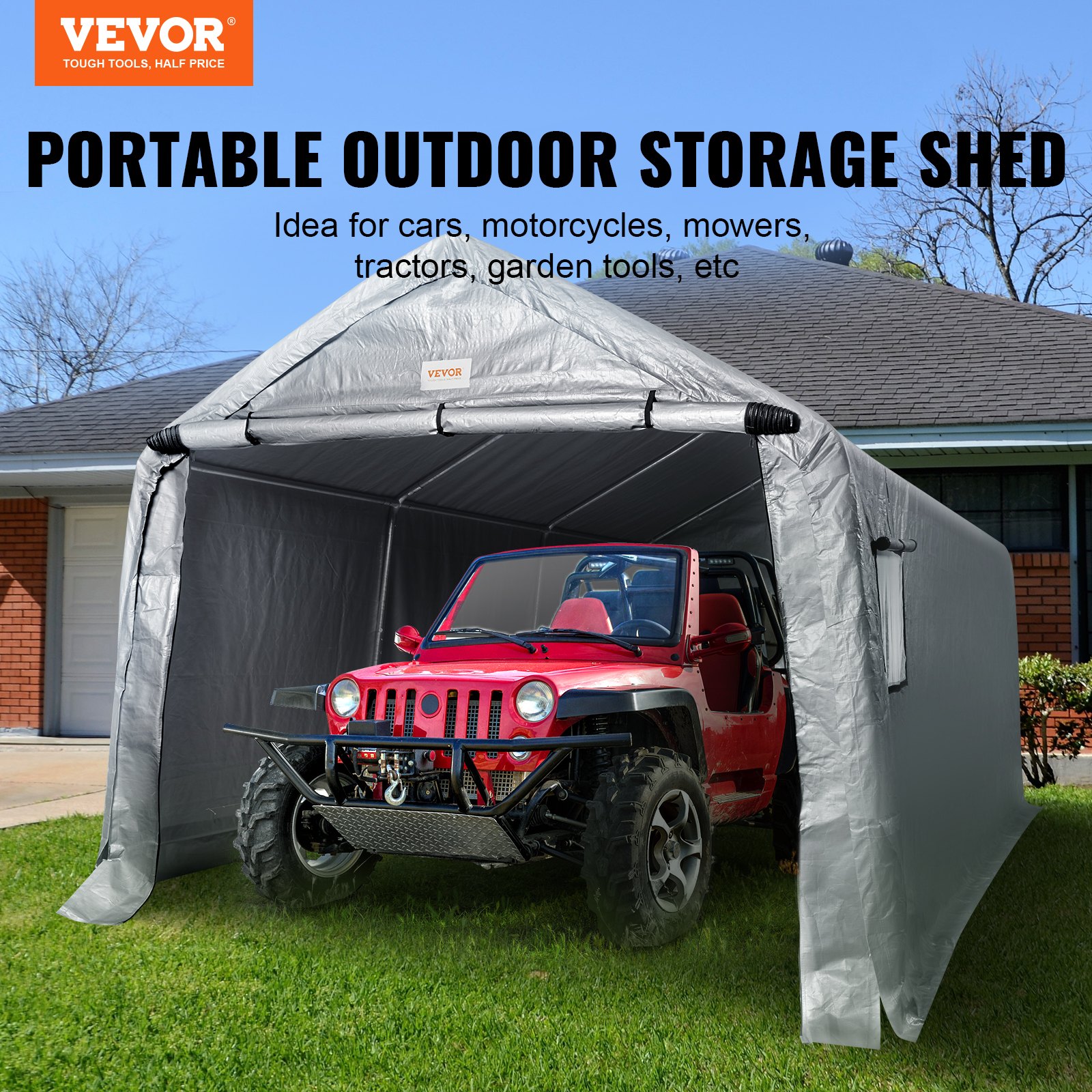 VEVOR Zeltgarage 304,8 x 457,2 x 243,8 cm Garagenzelt aus verzinkten Stahlstangen und einer dreischichtigen 240G-PE-Abdeckung Lagerzelt Carport 250 x 218 x 190 cm Zelttürgröße Gerätezelt Grau