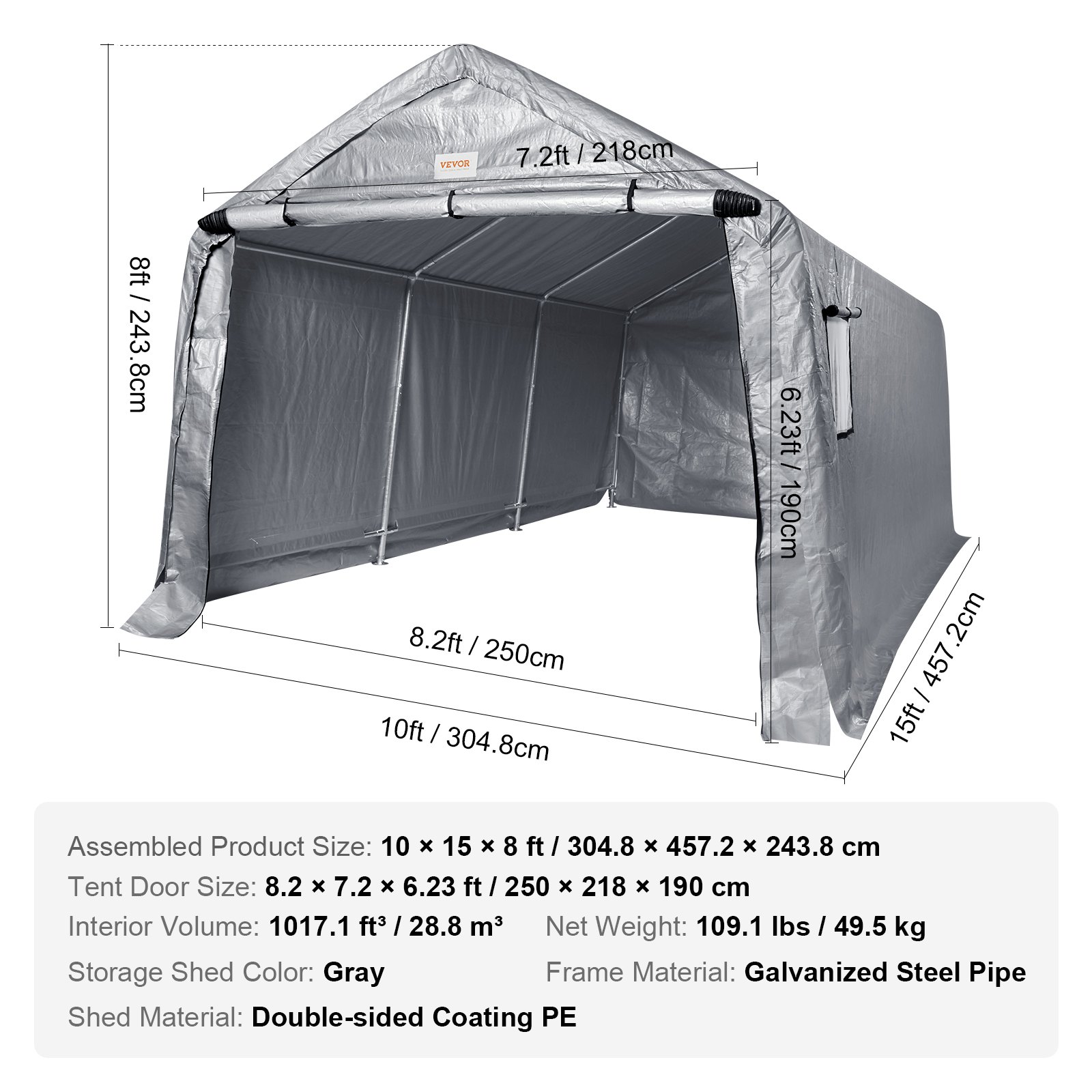 VEVOR Zeltgarage 304,8 x 457,2 x 243,8 cm Garagenzelt aus verzinkten Stahlstangen und einer dreischichtigen 240G-PE-Abdeckung Lagerzelt Carport 250 x 218 x 190 cm Zelttürgröße Gerätezelt Grau