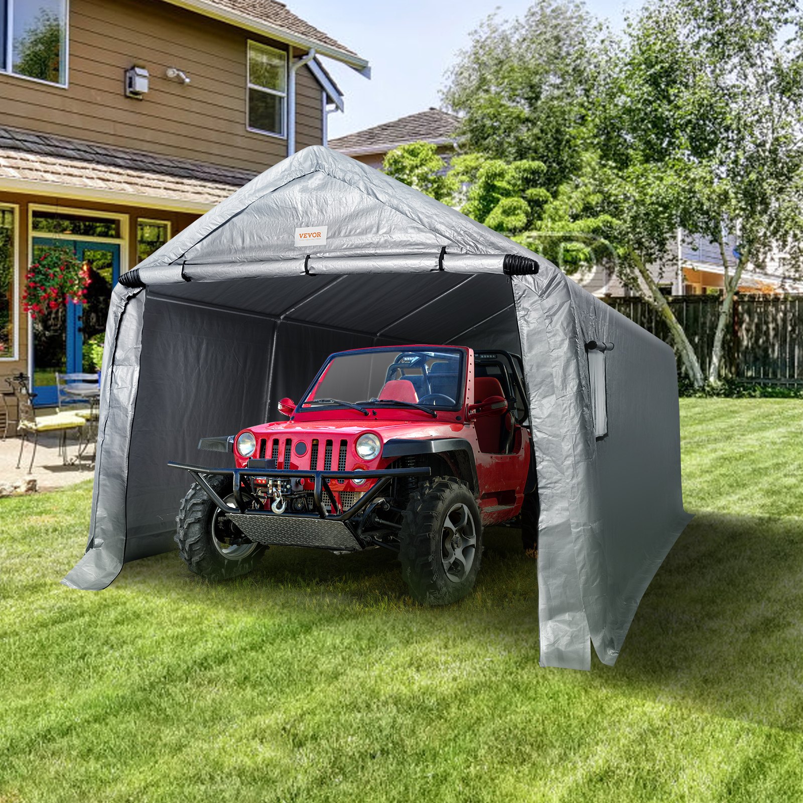 VEVOR Zeltgarage 304,8 x 457,2 x 243,8 cm Garagenzelt aus verzinkten Stahlstangen und einer dreischichtigen 240G-PE-Abdeckung Lagerzelt Carport 250 x 218 x 190 cm Zelttürgröße Gerätezelt Grau