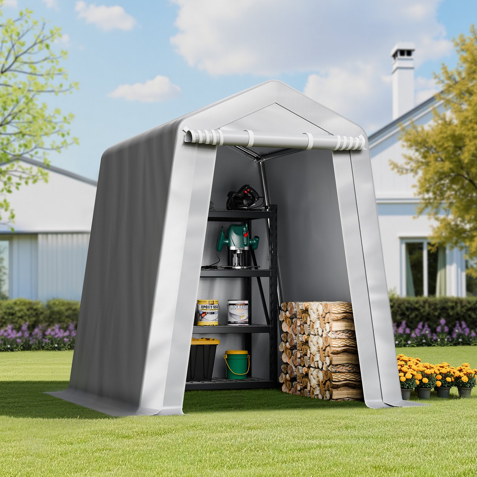 VEVOR Gerätehaus, 183x183x213 cm, Garagenzelt aus PE-Material, Geräteschuppen, Fahrradgarage, Gartenschuppen, Carport, Fahrradschuppen, Aufbewahrungsgarage für Motorrad, Rasenmäher, Fahrrad, grau