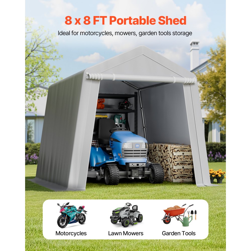 VEVOR Garden Shed, 243.8x243.8x229cm, Garage Tent made of PE, Tool Shed, Bicycle Garage, Garden Shed, Carport, Bicycle Shed, Storage Garage for Motorcycle, Lawn Mower, Bicycle, Gray