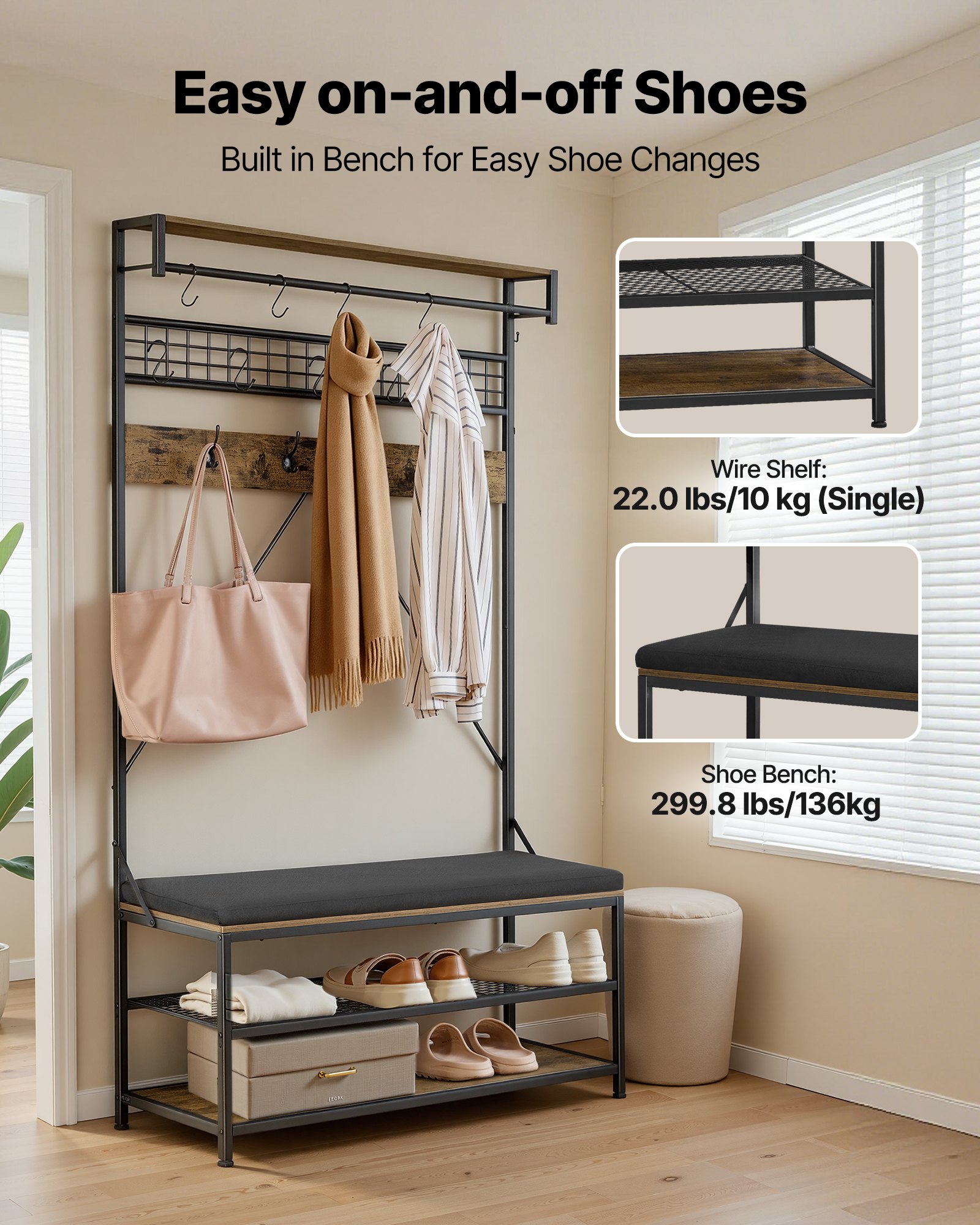 VEVOR Flurgarderobe 1015 x 400 x 1830 mm, Garderobenständer mit Schuhbank & Schuhablage (2 Ebenen), Freistehend Garderobe mit Metallgitter & Kleiderstange, Ideal für Eingangsbereich, Schlafzimmer