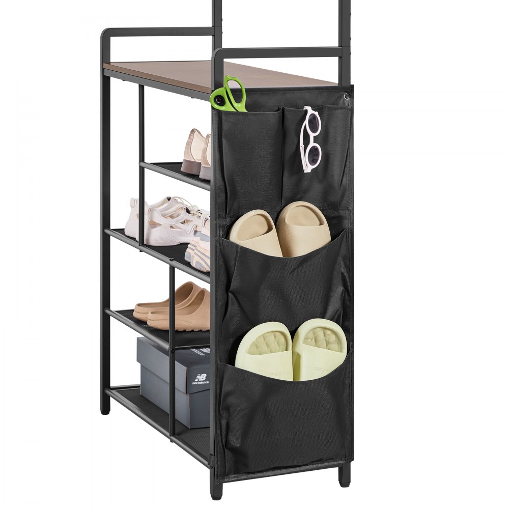 VEVOR Multifunktionale Flurgarderobe (75 x 30 x 180 cm) mit Schuhablage & Haken, Garderobenständer mit Seitentasche, Garderobe mit Stahlrahmen Geeignet für Eingangsbereich Schlafzimmer Schwarz