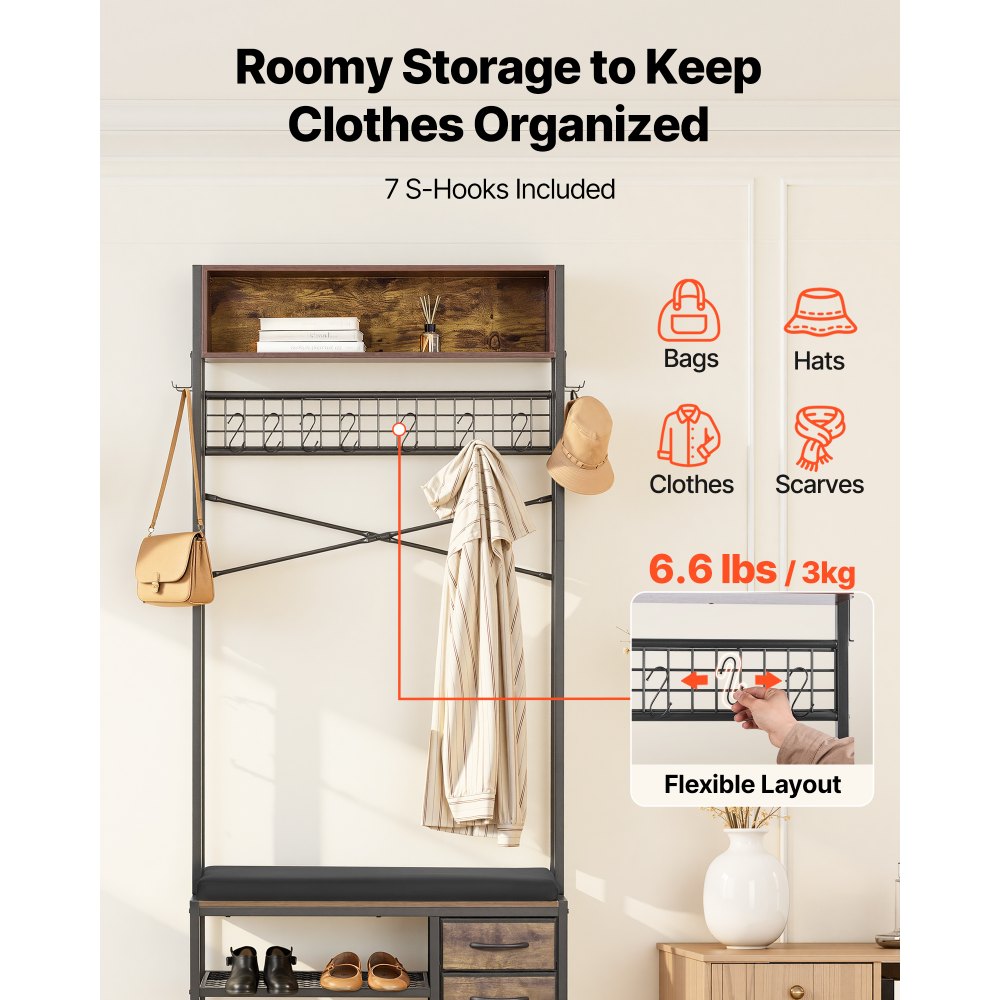 VEVOR Flurgarderobe 80 x 30 x180 cm, Garderobenständer mit Schuhablage (2 Ebenen) & 3 Schubladen, Freistehende Garderobe mit Bücherablage & Metallgitter, Ideal für Eingangsbereich, Schlafzimmer