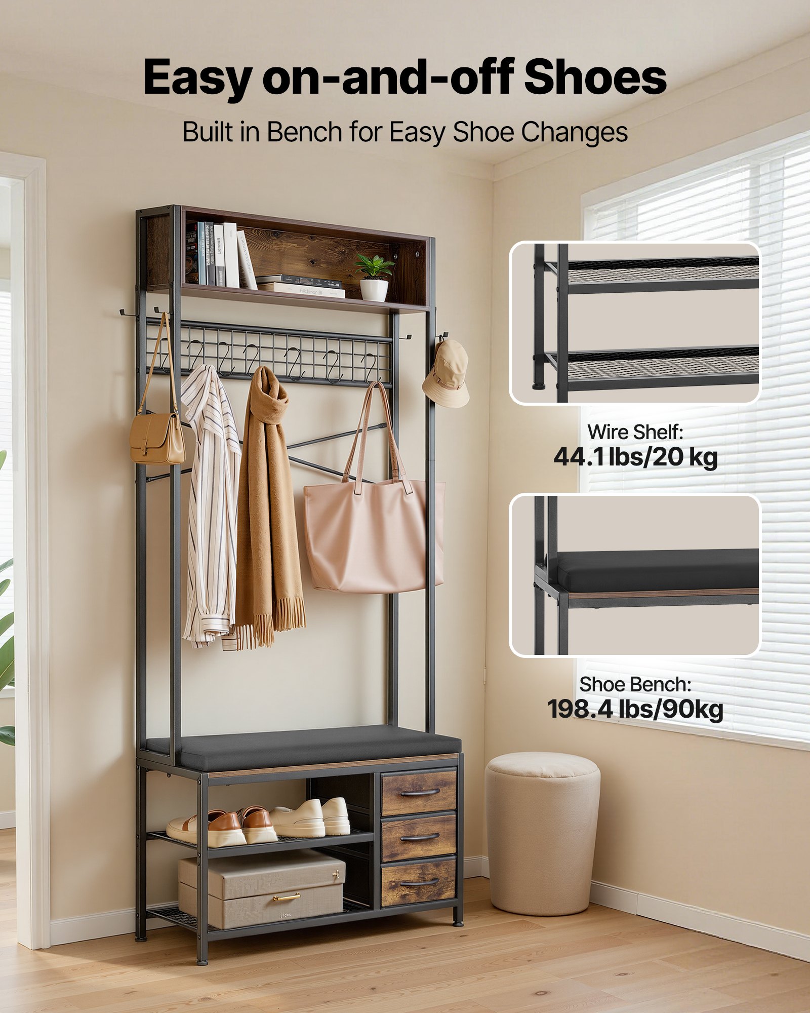 VEVOR Flurgarderobe 80 x 30 x180 cm, Garderobenständer mit Schuhablage (2 Ebenen) & 3 Schubladen, Freistehende Garderobe mit Bücherablage & Metallgitter, Ideal für Eingangsbereich, Schlafzimmer