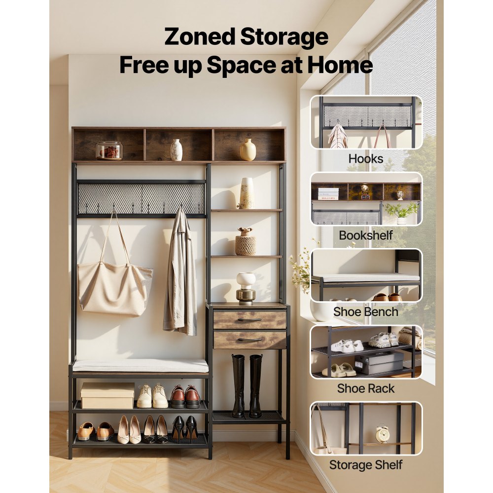 VEVOR Multifunktionale Flurgarderobe (120 x 40 x 180 cm) mit Schuhbank & 2 Schubladen, Garderobenständer mit Bücherablage & Metallgitter, Garderobe mit Stahlrahmen für Eingangsbereich Schlafzimmer