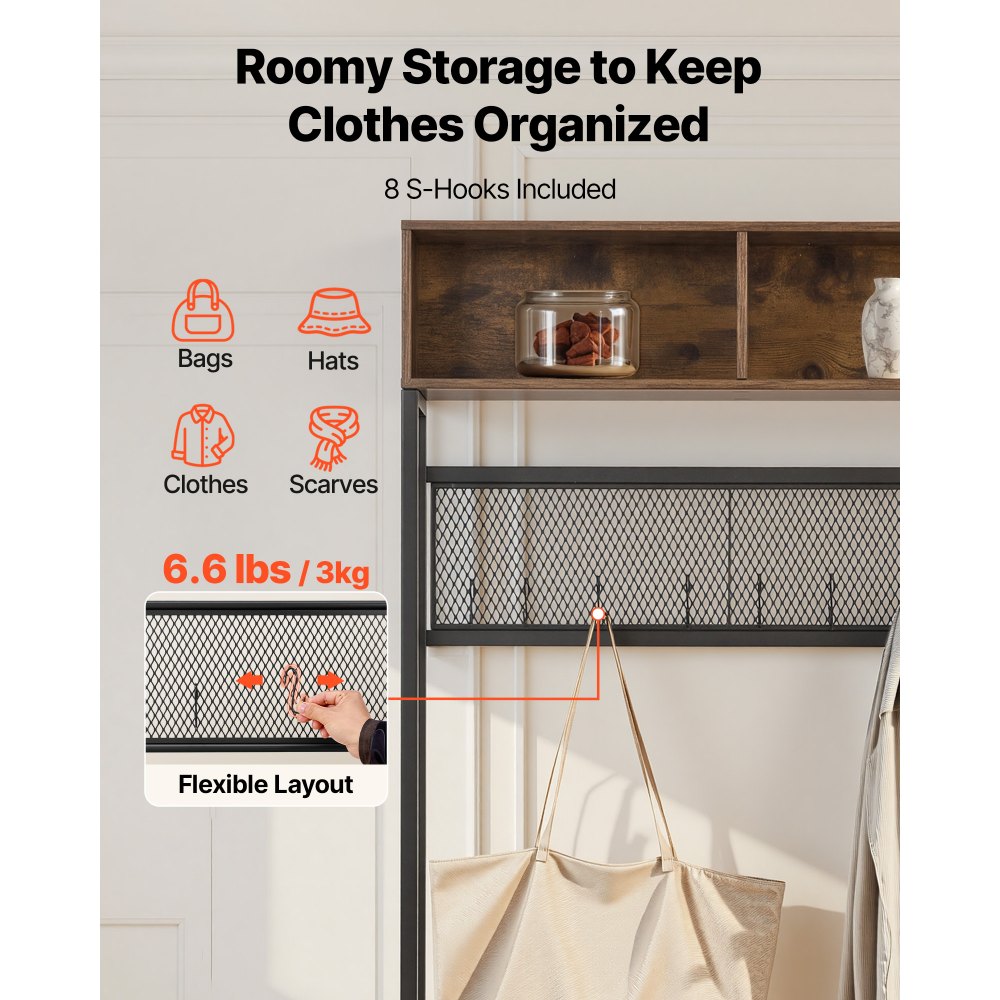 VEVOR Multifunktionale Flurgarderobe (120 x 40 x 180 cm) mit Schuhbank & 2 Schubladen, Garderobenständer mit Bücherablage & Metallgitter, Garderobe mit Stahlrahmen für Eingangsbereich Schlafzimmer