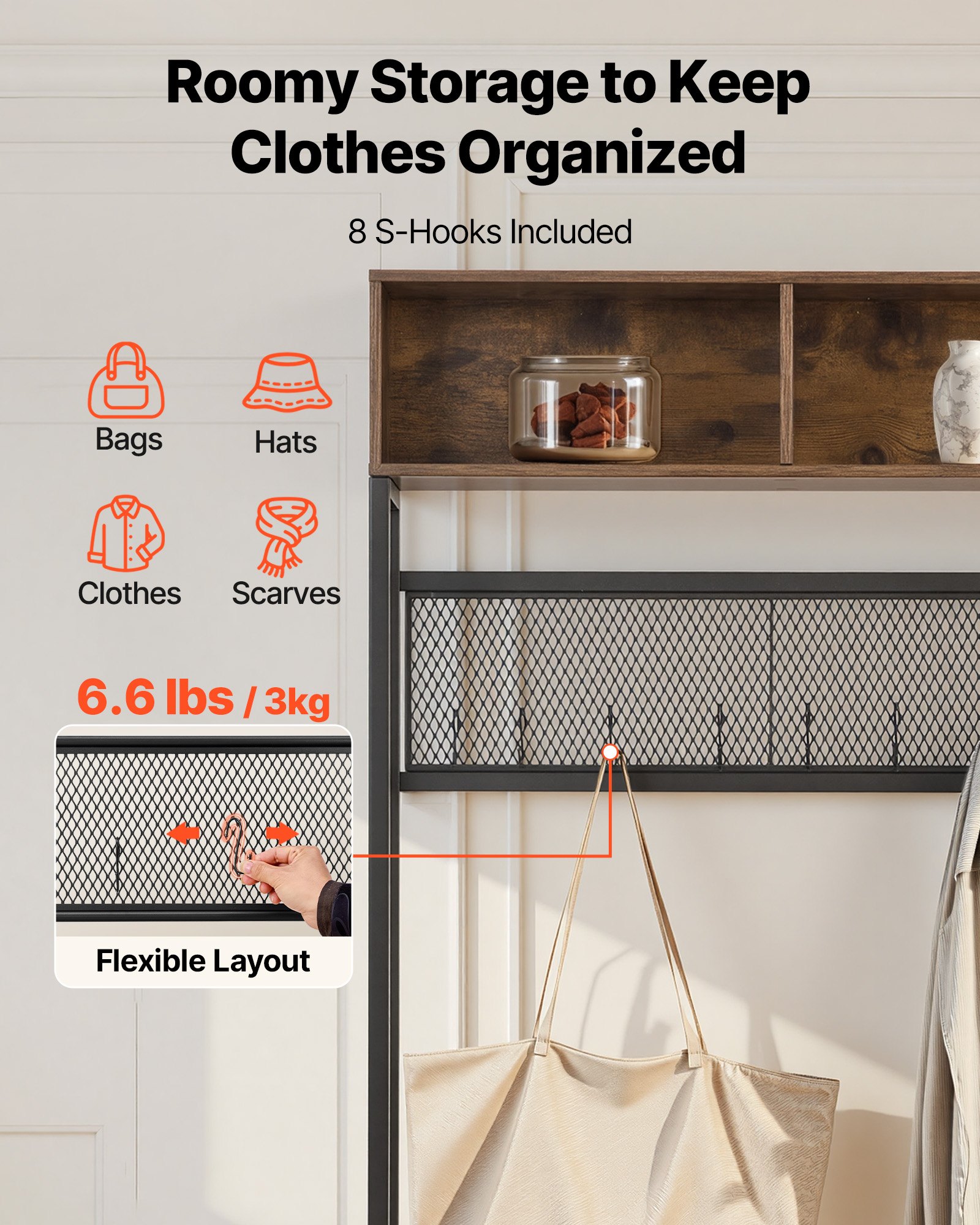 VEVOR Multifunktionale Flurgarderobe (120 x 40 x 180 cm) mit Schuhbank & 2 Schubladen, Garderobenständer mit Bücherablage & Metallgitter, Garderobe mit Stahlrahmen für Eingangsbereich Schlafzimmer