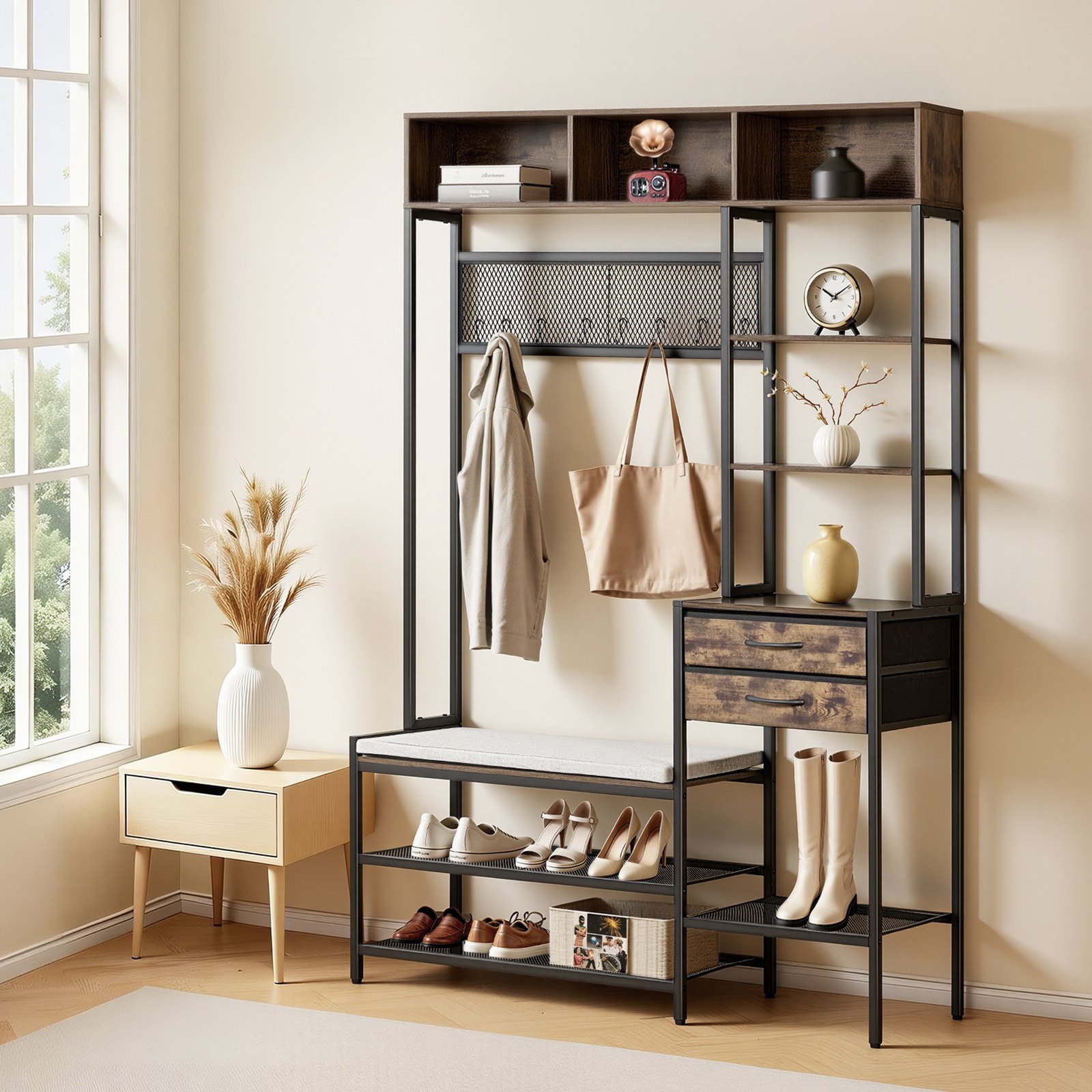 VEVOR Multifunktionale Flurgarderobe (120 x 40 x 180 cm) mit Schuhbank & 2 Schubladen, Garderobenständer mit Bücherablage & Metallgitter, Garderobe mit Stahlrahmen für Eingangsbereich Schlafzimmer
