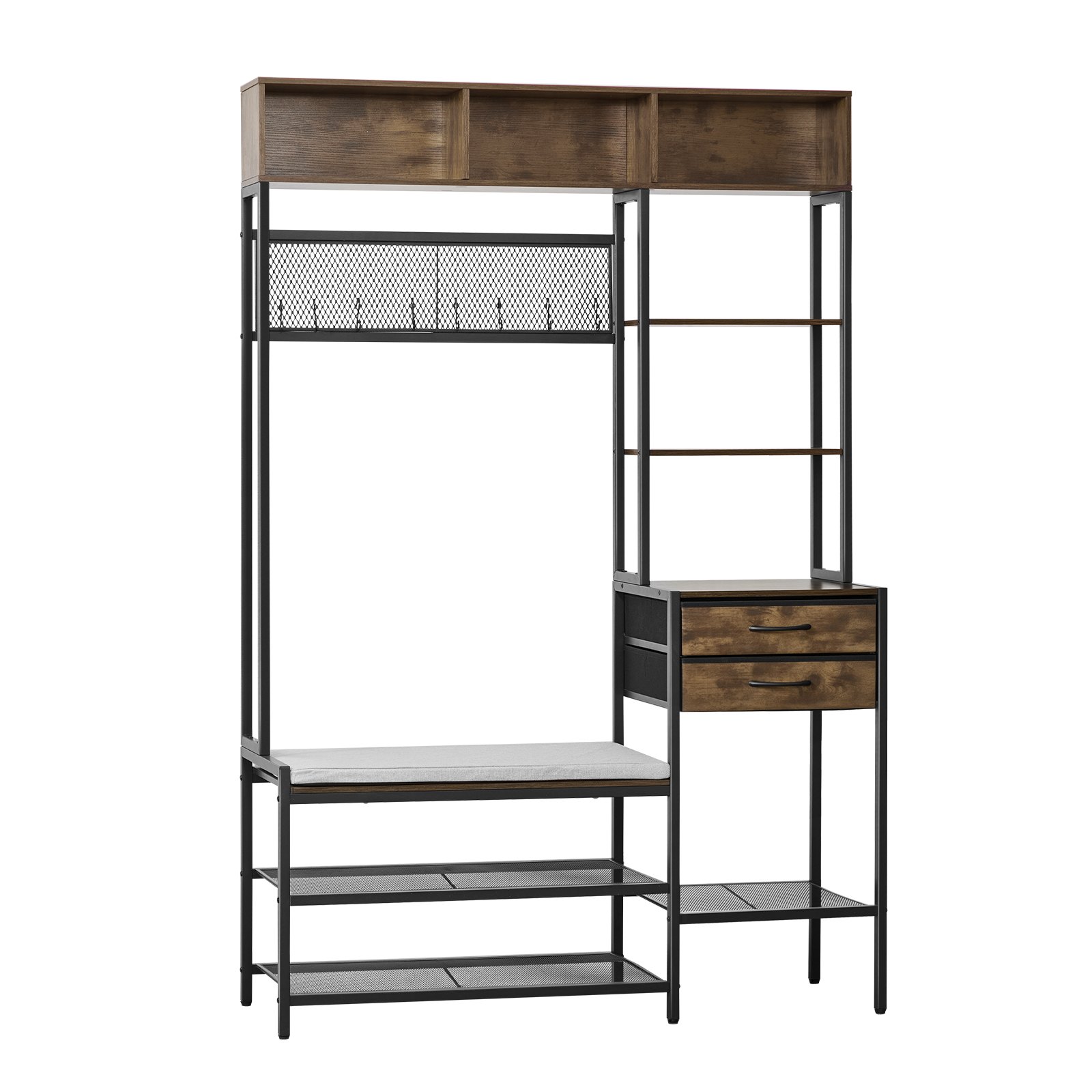 VEVOR Multifunktionale Flurgarderobe (120 x 40 x 180 cm) mit Schuhbank & 2 Schubladen, Garderobenständer mit Bücherablage & Metallgitter, Garderobe mit Stahlrahmen für Eingangsbereich Schlafzimmer