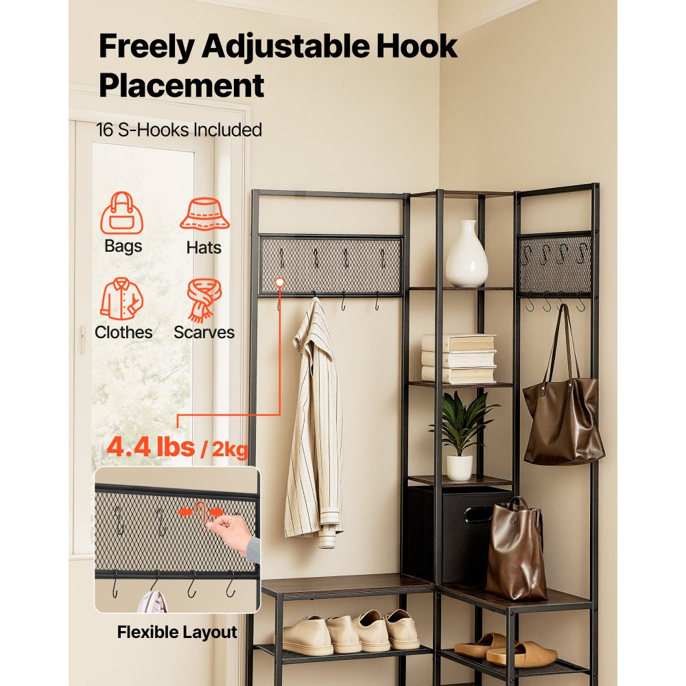 VEVOR Multifunktionale Eckgarderobe (180 cm Hoch) mit Haken, Ablagefläche & Stahlrahmen, Garderobenständer mit Kippsicherung, Garderobenregal für Eingangsbereich Büro Wohnzimmer, Rustikales Braun