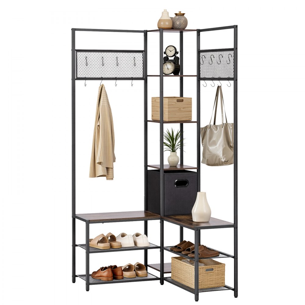 VEVOR Multifunktionale Eckgarderobe (180 cm Hoch) mit Haken, Ablagefläche & Stahlrahmen, Garderobenständer mit Kippsicherung, Garderobenregal für Eingangsbereich Büro Wohnzimmer, Rustikales Braun