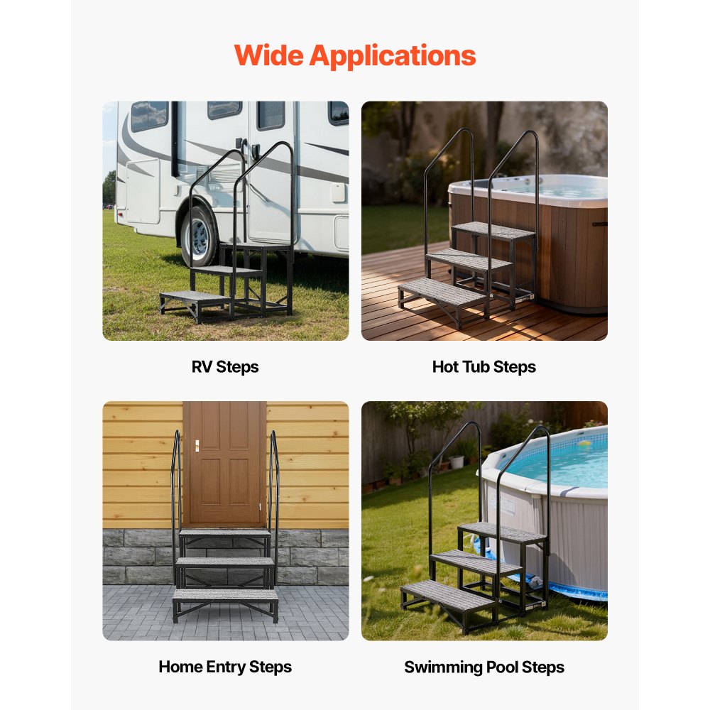VEVOR Wohnmobiltreppe mit 2 Handläufen (3 Stufen), Standtreppe mit 300 kg Tragkraft, Außentreppe mit Rutschfester Matte für Senioren/Haustiere, Trittstufe für Camper, Mobilheim, Veranda, Pool und Spa