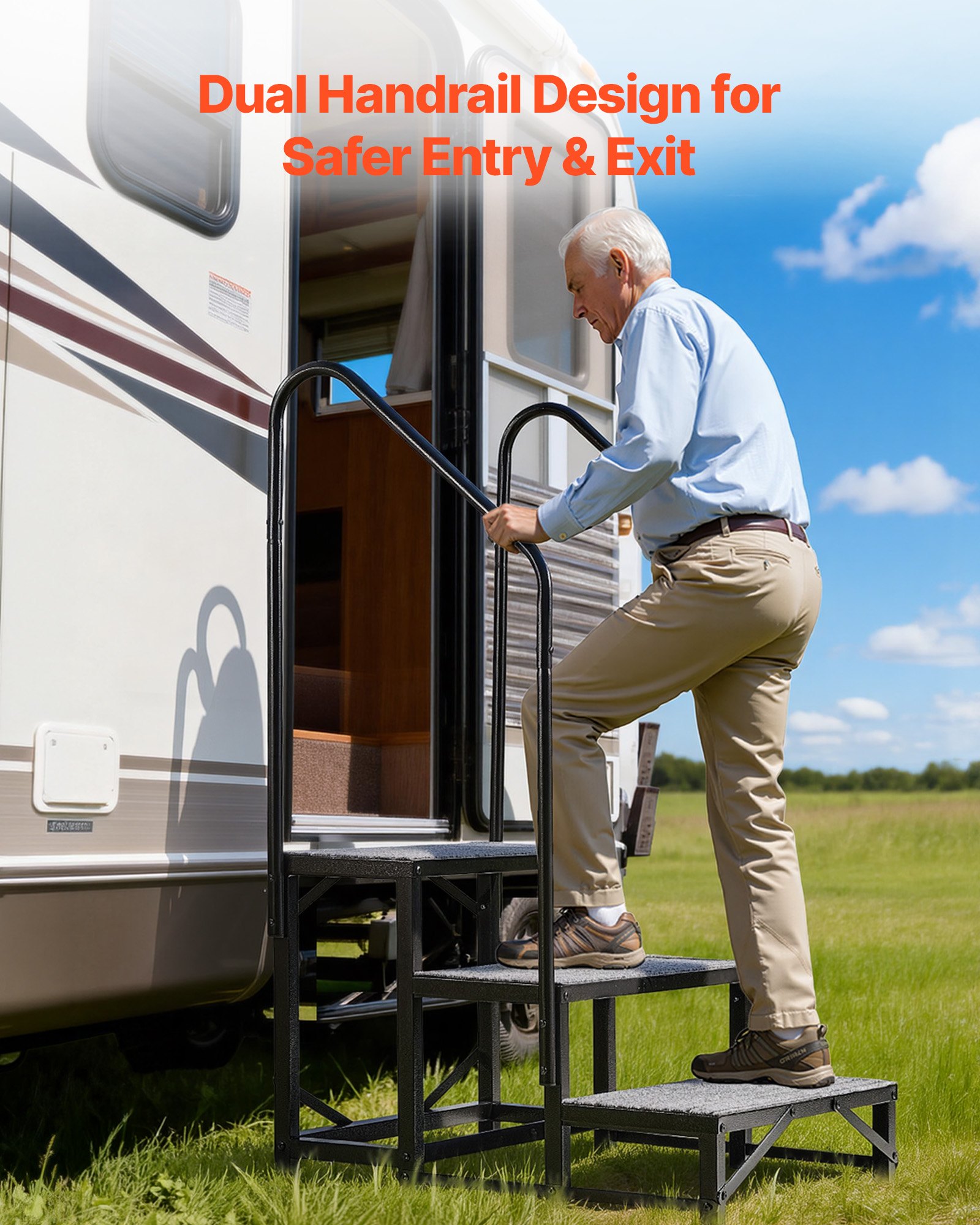 VEVOR Wohnmobiltreppe mit 2 Handläufen (3 Stufen), Standtreppe mit 300 kg Tragkraft, Außentreppe mit Rutschfester Matte für Senioren/Haustiere, Trittstufe für Camper, Mobilheim, Veranda, Pool und Spa