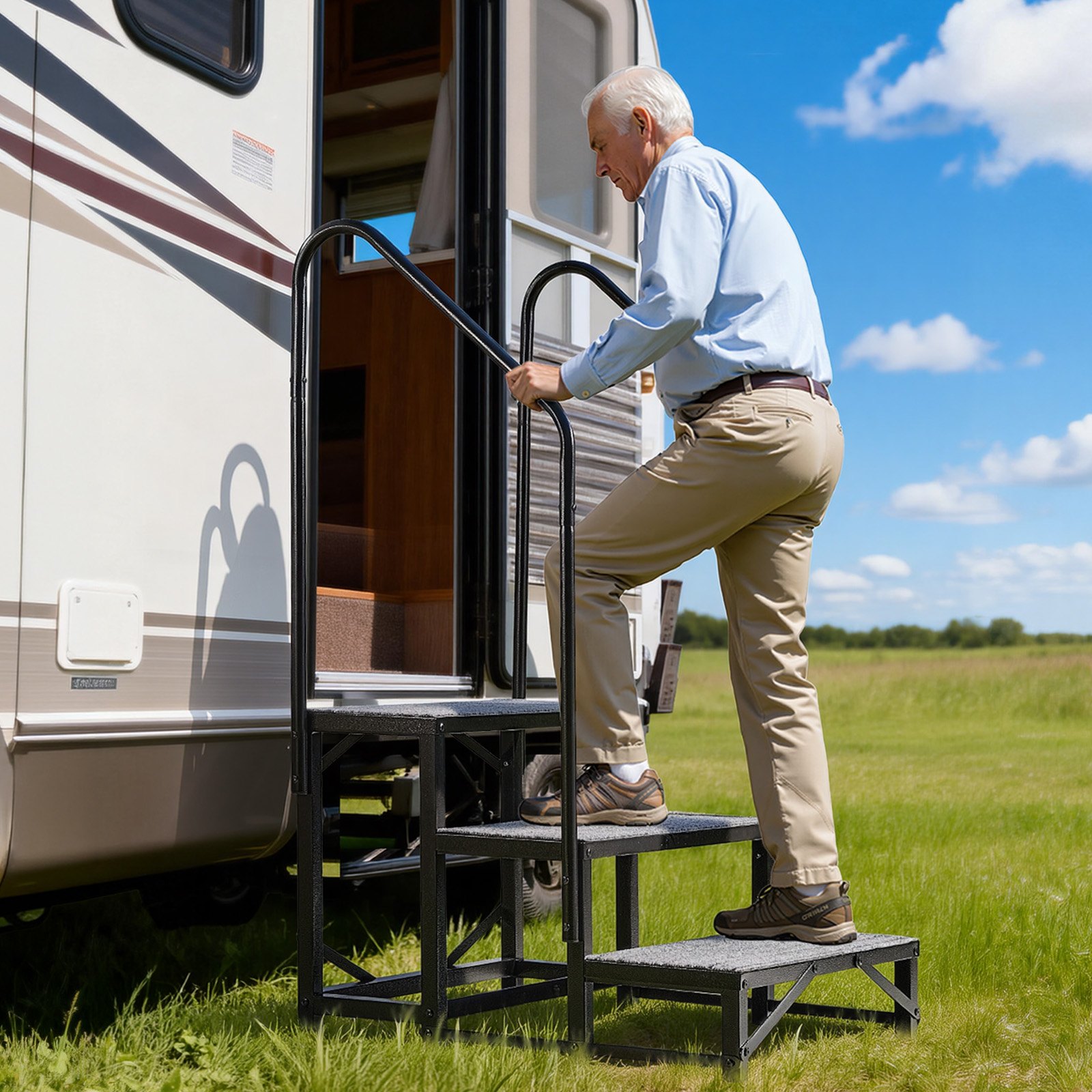 VEVOR Wohnmobiltreppe mit 2 Handläufen (3 Stufen), Standtreppe mit 300 kg Tragkraft, Außentreppe mit Rutschfester Matte für Senioren/Haustiere, Trittstufe für Camper, Mobilheim, Veranda, Pool und Spa