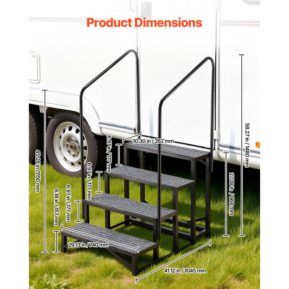 VEVOR Wohnmobiltreppe mit 2 Handläufen (4 Stufen), Standtreppe mit 300 kg Tragkraft, Außentreppe mit Rutschfester Matte für Senioren/Haustiere, Trittstufe für Camper, Mobilheim, Veranda, Pool und Spa