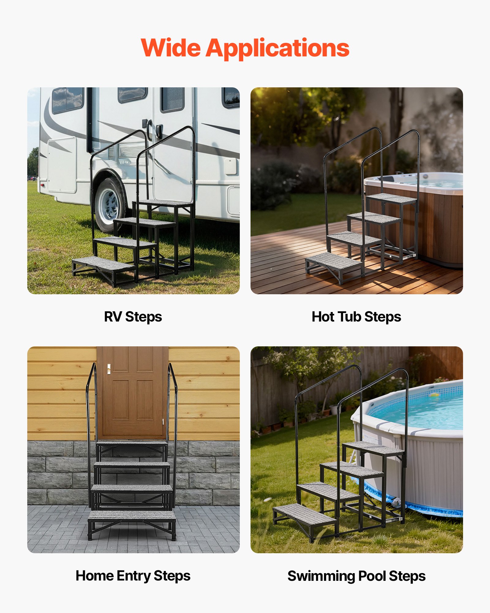 VEVOR Wohnmobiltreppe mit 2 Handläufen (4 Stufen), Standtreppe mit 300 kg Tragkraft, Außentreppe mit Rutschfester Matte für Senioren/Haustiere, Trittstufe für Camper, Mobilheim, Veranda, Pool und Spa