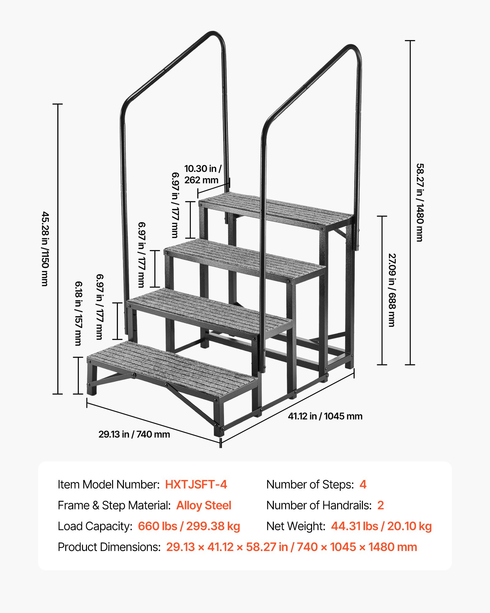 VEVOR Wohnmobiltreppe mit 2 Handläufen (4 Stufen), Standtreppe mit 300 kg Tragkraft, Außentreppe mit Rutschfester Matte für Senioren/Haustiere, Trittstufe für Camper, Mobilheim, Veranda, Pool und Spa