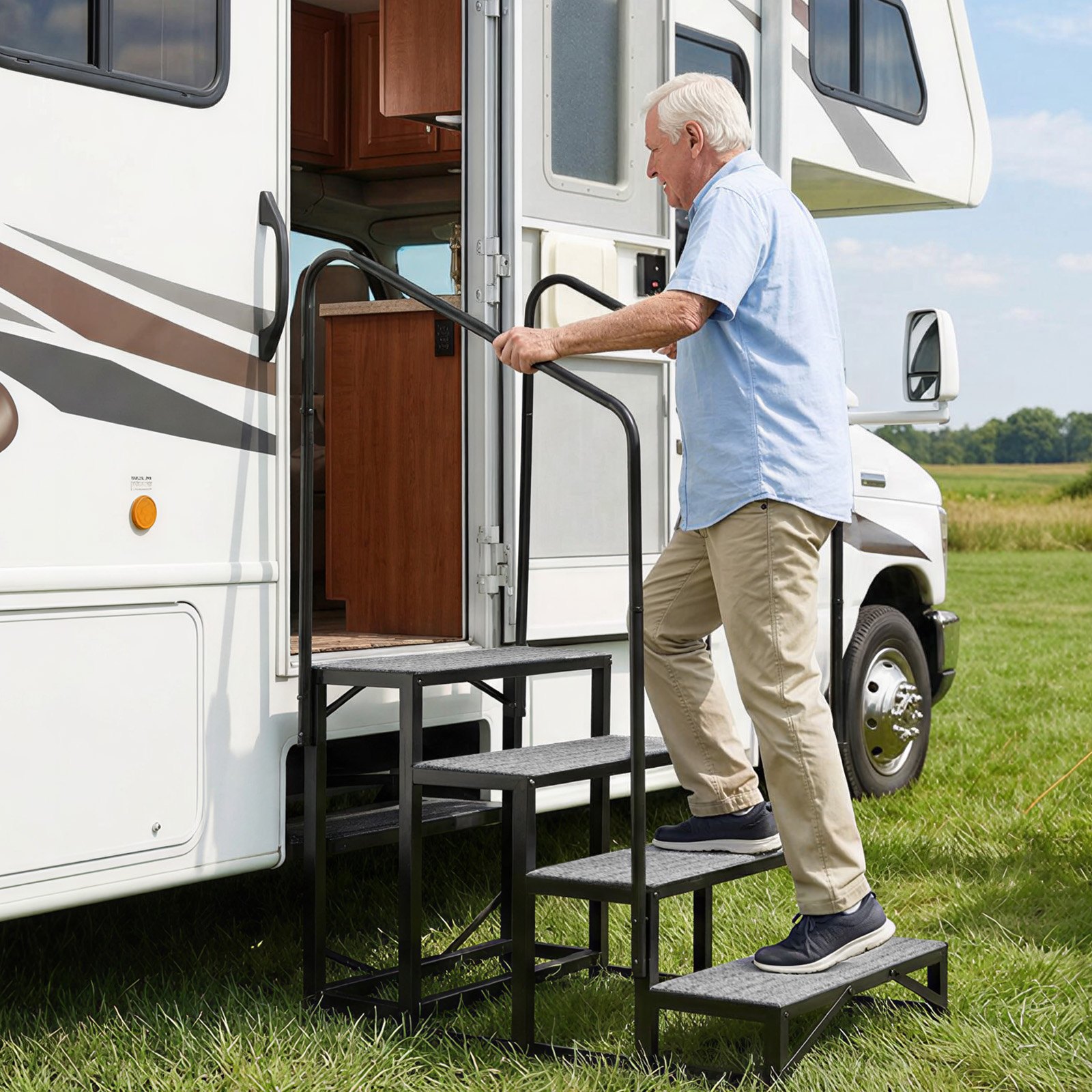 VEVOR Wohnmobiltreppe mit 2 Handläufen (4 Stufen), Standtreppe mit 300 kg Tragkraft, Außentreppe mit Rutschfester Matte für Senioren/Haustiere, Trittstufe für Camper, Mobilheim, Veranda, Pool und Spa