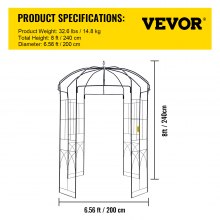 VEVOR Gartenlaube in Vogelkäfigform, 2,4 m hoch, 1,6 m breit, robuste Schmiedeeisenlaube, Hochzeitsbogenspalier zum Klettern an Weinreben im Garten, Hinterhof, Rasen, Terrasse, Schwarz