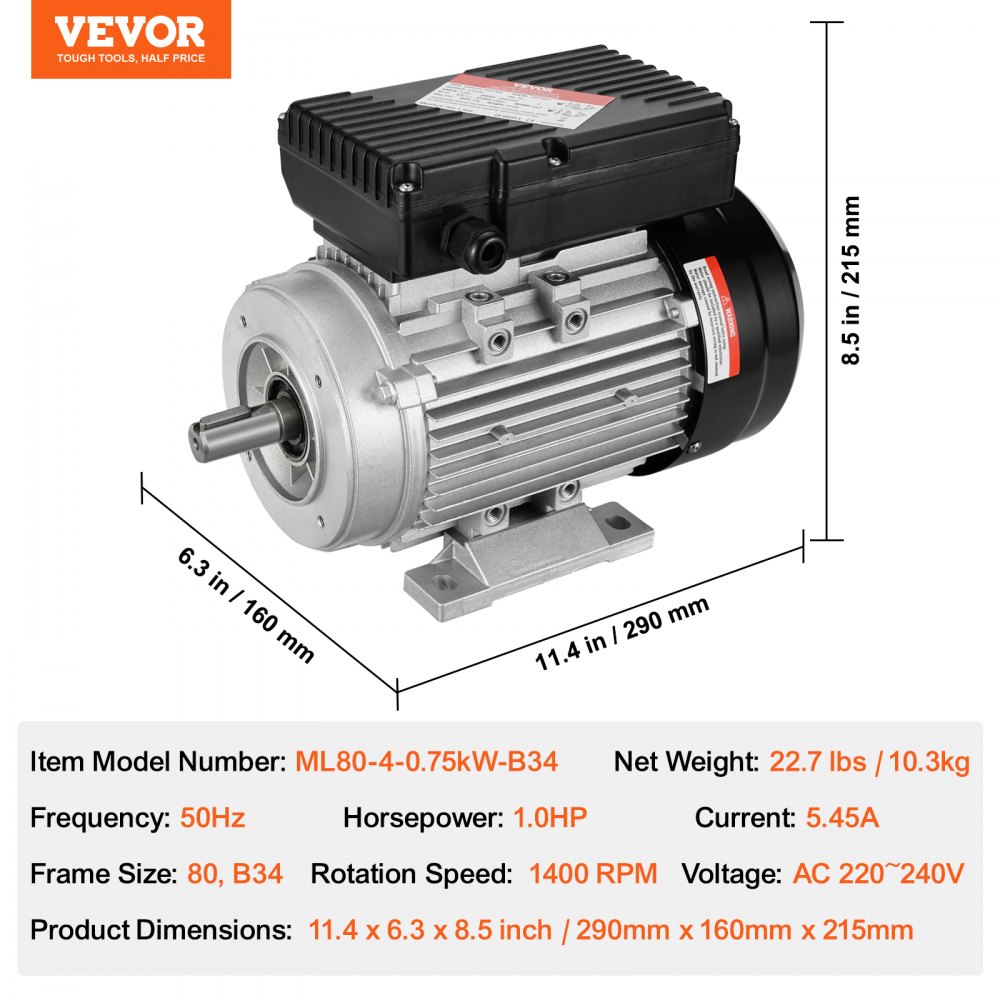 VEVOR 0,75 kW Elektromotor 1400 U/min, AC 220–240 V, 5,45 A, 80, B34-Rahmen, Luftkompressormotor einphasig, 19 mm Keilwelle, Rechts-/Linkslauf für landwirtschaftliche Maschinen und allgemeine Geräte