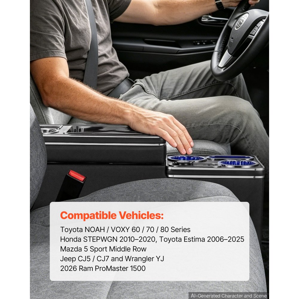 VEVOR Mittelkonsole 15 W 7-Farben LED Auto-Organizer zwischen den Sitzen für Smartphones und Elektronikgeräte, 5 V/3 A QC, 5 V/3 A PD-Typ-C, 12-24-V-Buchse, 3 Getränkehalter, Staufach und Schublade