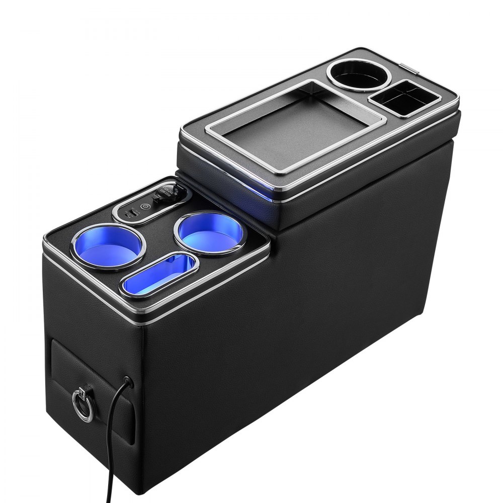 VEVOR Mittelkonsole 15 W 7-Farben LED Auto-Organizer zwischen den Sitzen für Smartphones und Elektronikgeräte, 5 V/3 A QC, 5 V/3 A PD-Typ-C, 12-24-V-Buchse, 3 Getränkehalter, Staufach und Schublade