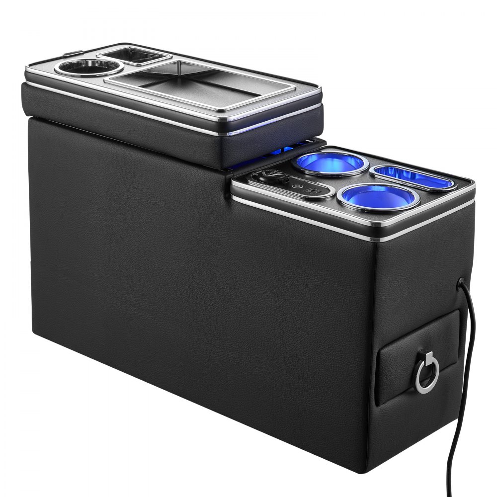 VEVOR Mittelkonsole 15 W 7-Farben LED Auto-Organizer zwischen den Sitzen für Smartphones und Elektronikgeräte, 5 V/3 A QC, 5 V/3 A PD-Typ-C, 12-24-V-Buchse, 3 Getränkehalter, Staufach und Schublade