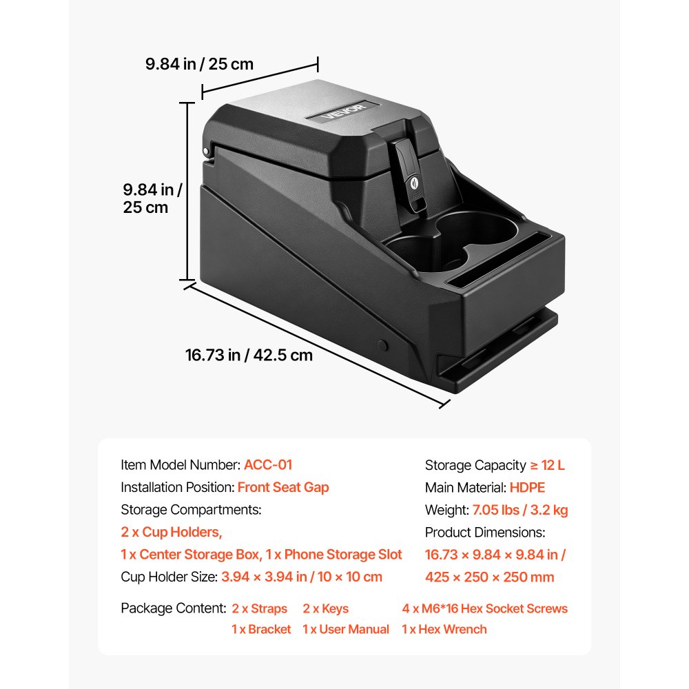 VEVOR Staufachbox Mittelkonsole für Polaris Ranger & Can-Am Defender 17–26, Abschließbare Aufbewahrungsbox aus HDPE mit Getränkehalter und Handyhalterung, Innenliegenden Abflusslöchern, Schwarz
